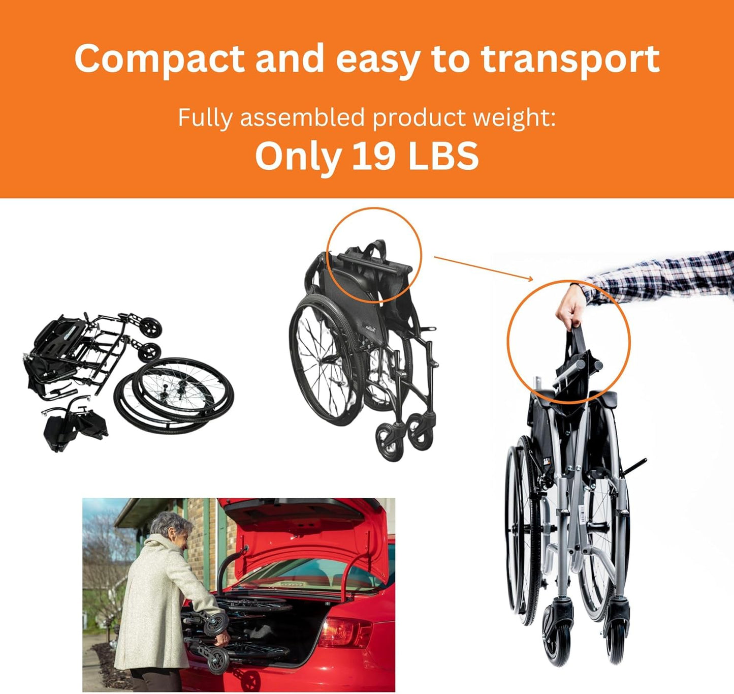 FeatherMobility - 13.5lb Frame - Black Cushion Black Frame Lightweight Folding Wheelchair - with Swingaway Legrests, Anti-tippers, and Quick Release Wheels
