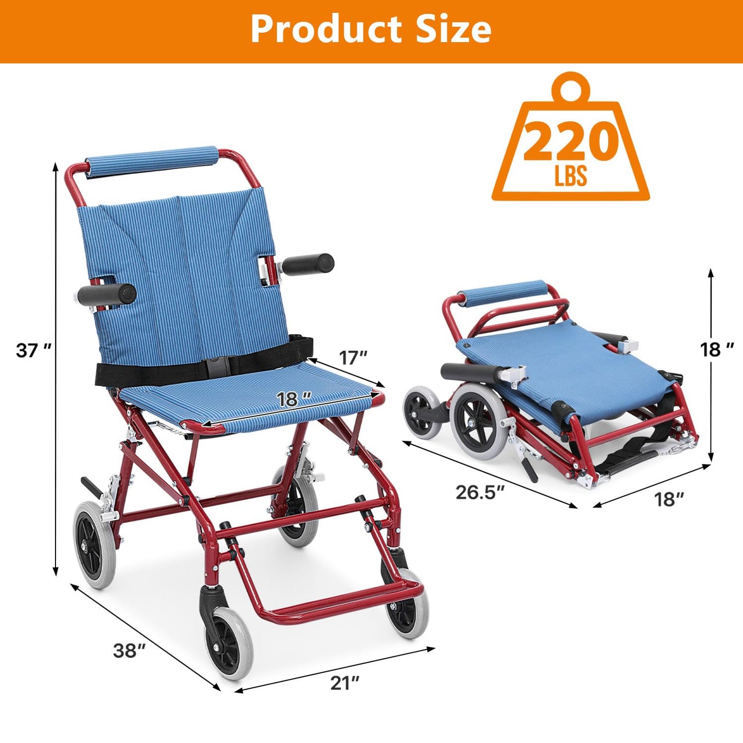 Lightweight Foldable Transport Wheelchair with Flip Back Armrest and Foldable Pedal, 18" Wide Seat for Adults Seniors Easy Transfers, 250lbs, Blue