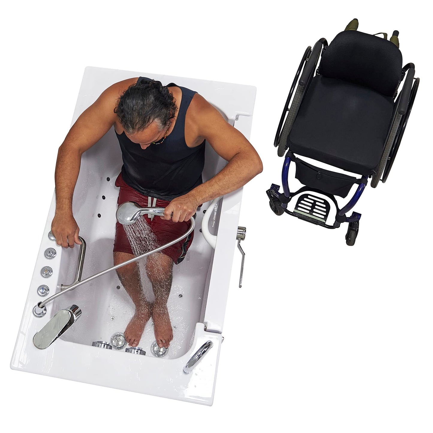 Ella Wheelchair Transfer 30"x52" Acrylic Air and Hydro Massage Walk-In Bathtub with Left Outward Swing Door, 2 Piece Fast Fill Faucet, 2" Dual Drain