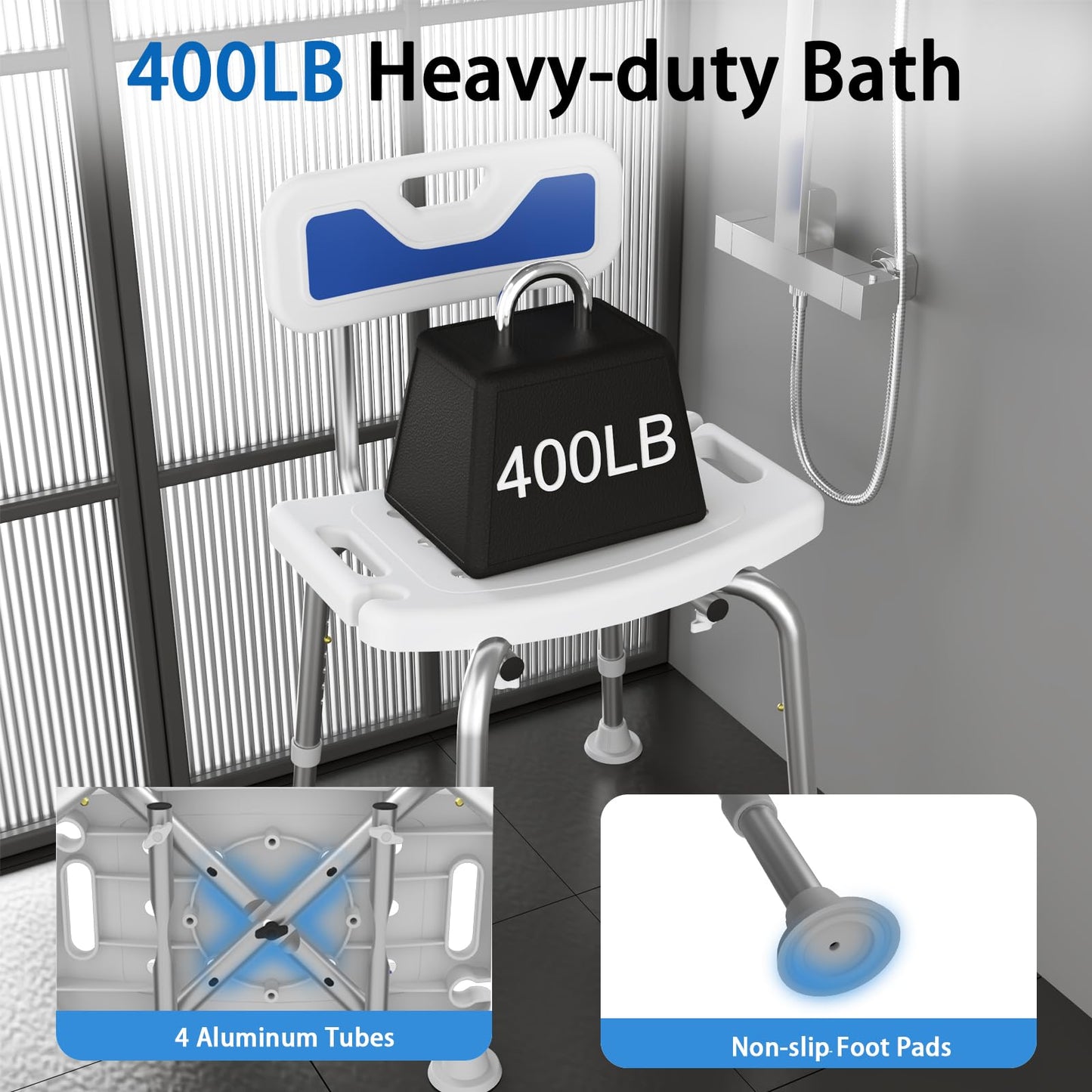 Adjustable Small Stool Shower Chair for Seniors Elderly Handicap Disabled Bariatric Adults Or Women with Back Heavy Duty 500 Lbs Bench Seat for Inside Shower Stall Bathroom Bath Tub Seats Chairs