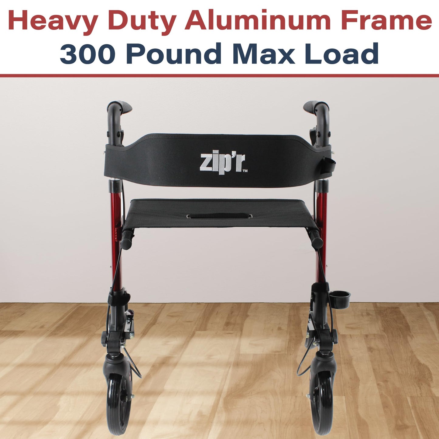 Zip'r Rambler Walker With Seat - Sturdy Rollator for Seniors, Lightweight 4 Wheel Walker, 300 lbs Max Weight, Folding, Red