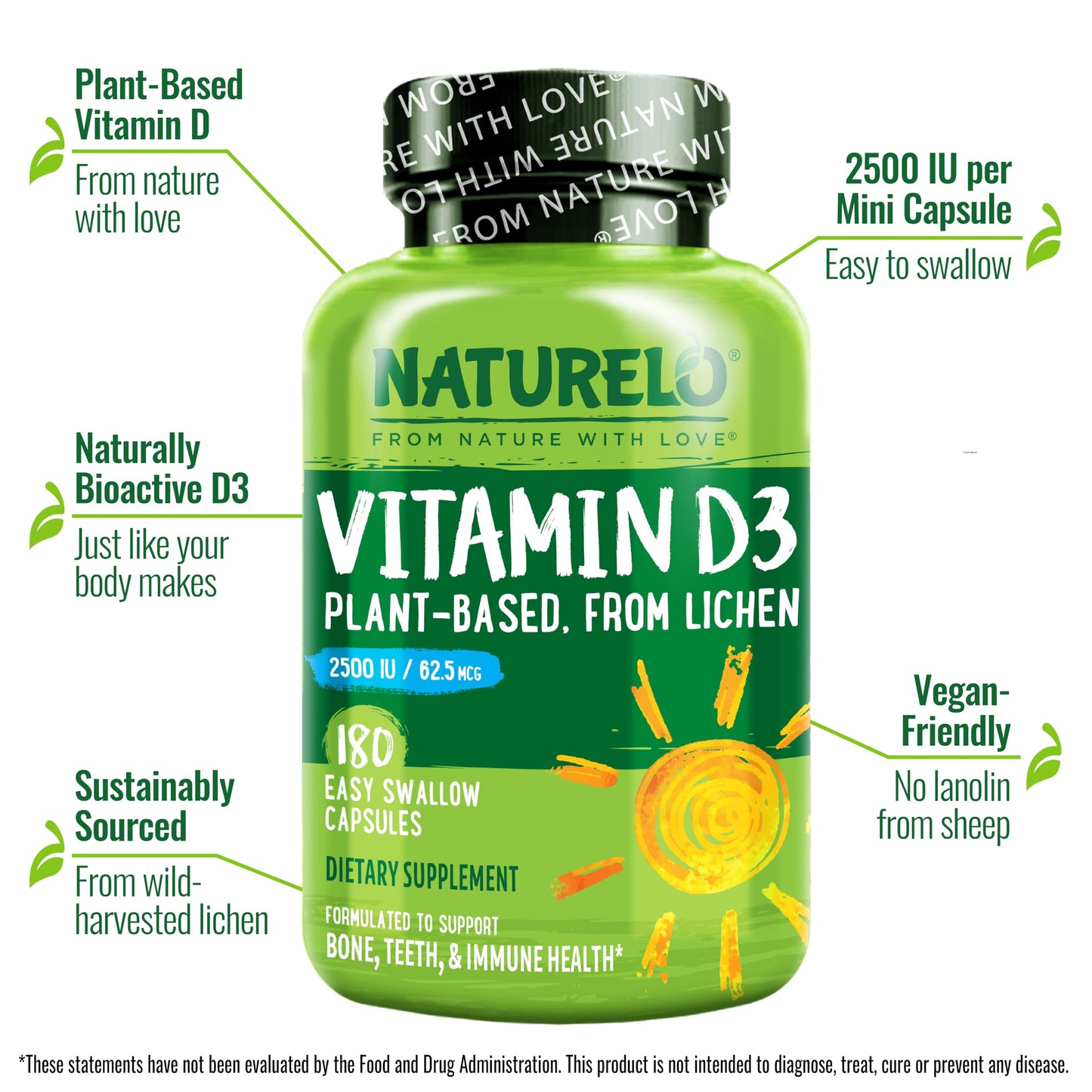 NATURELO Vitamin D - 2500 IU - Plant Based from Lichen - Natural D3 Supplement for Immune System, Bone Support, Joint Health - Vegan - Non-GMO - Gluten Free - 180 Capsules