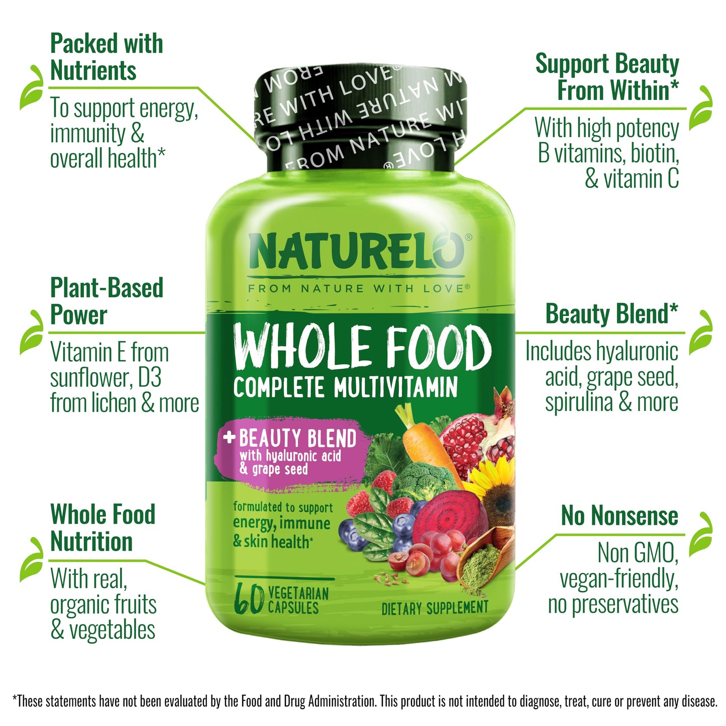 NATURELO Whole Food Multivitamin with Extra Hair, Skin and Nails Support - Beauty Blend with Hyaluronic Acid & Grape Seed - High Potency Biotin, Vitamin C, and Glutathione - 60 Vegan Capsules