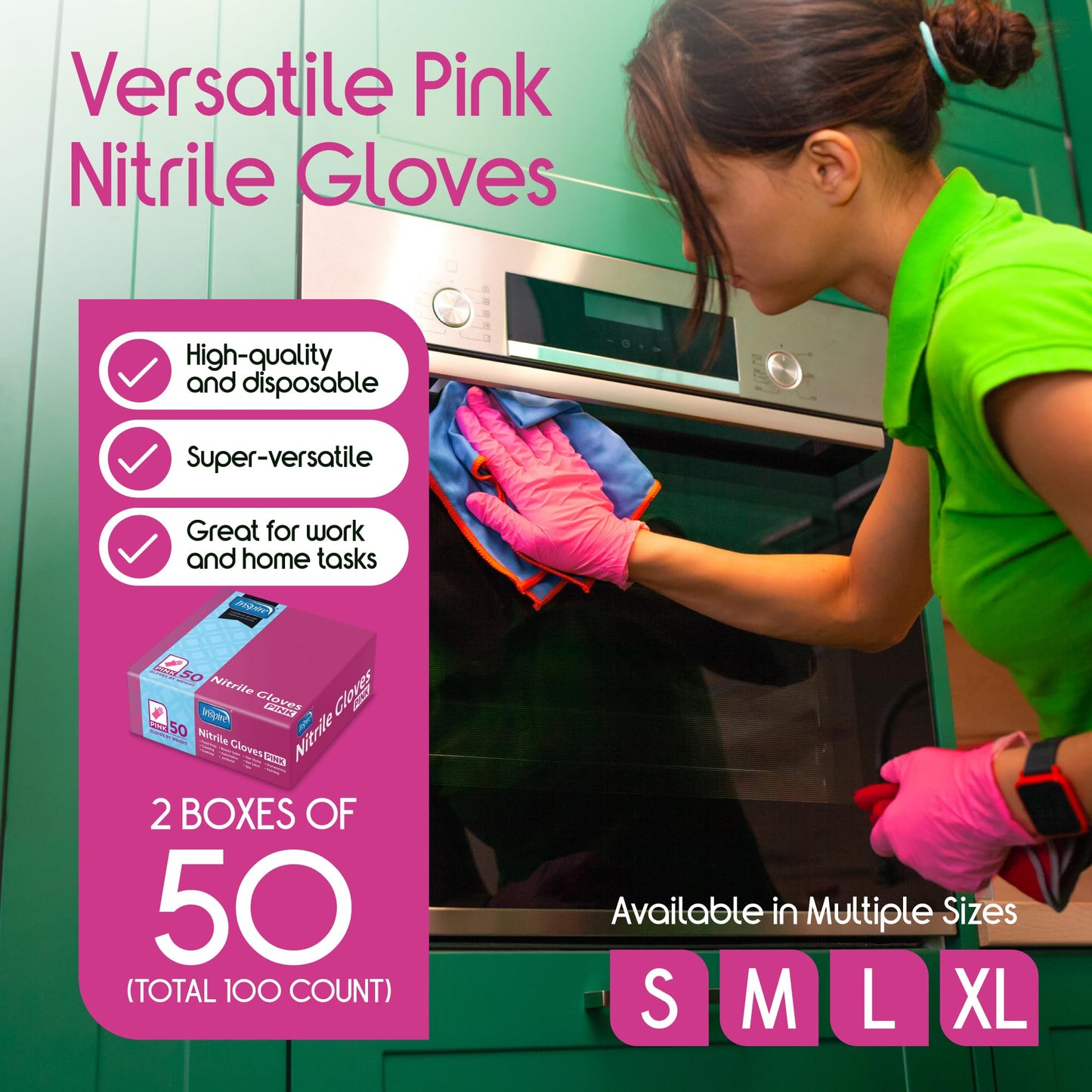 Inspire Pink Disposable Nitrile Gloves - Hair & Nail Salon, Esthetician Use