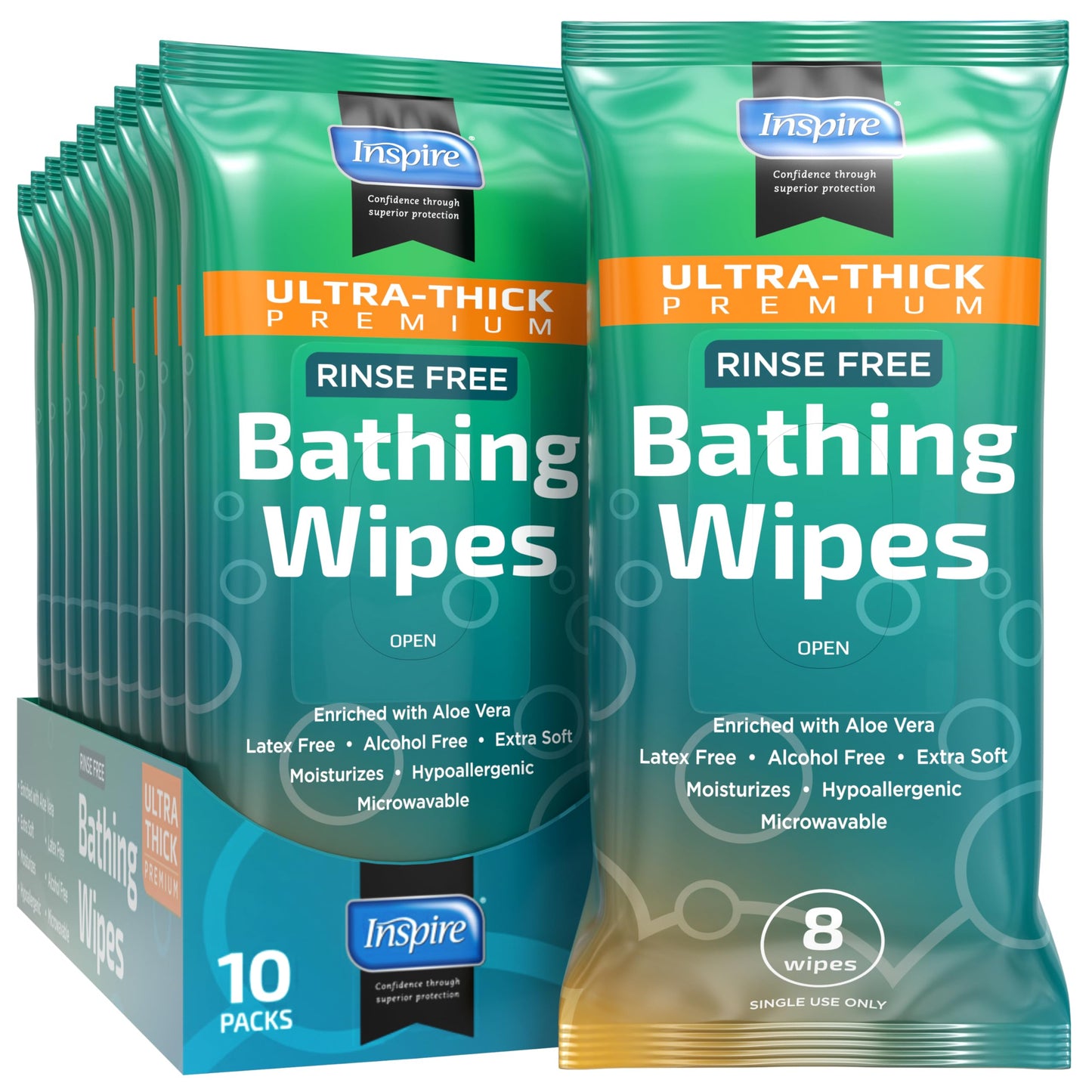 Inspire Rinse Free Body Wash Wipes | Bathing Wipes, Shower Wipes | Extra Large Adult Wipes With Aloe | Cleansing Adult Wipes | Body Wipes For Women And Men | Disposable Washcloths For Adults Bathing