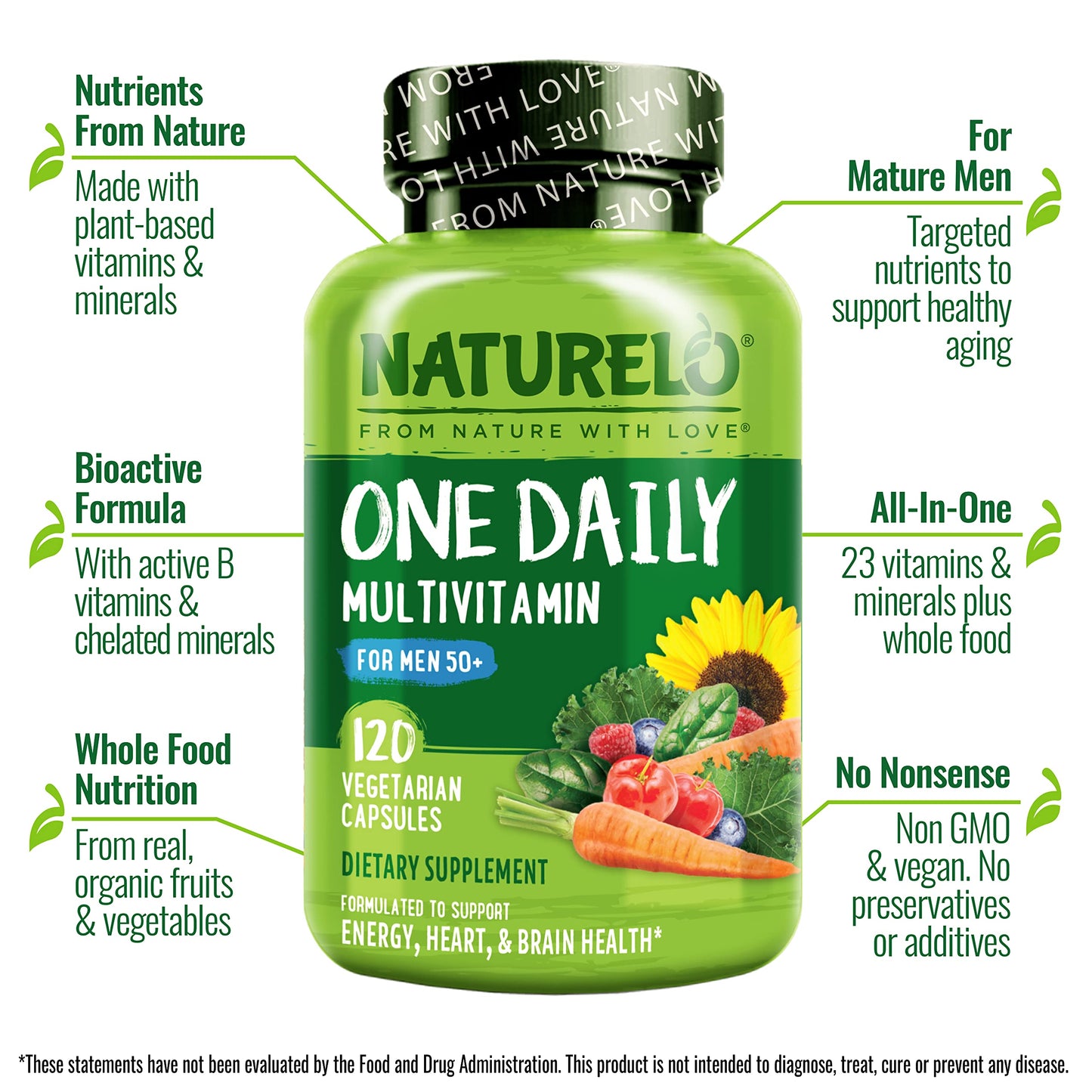 NATURELO Mens Multivitamins for Men 50+ - One Daily Multivitamin for Men with Vitamins, Minerals & Organic Whole Foods, Boost Energy & Health, Non-GMO, 60 Vegetarian Capsules