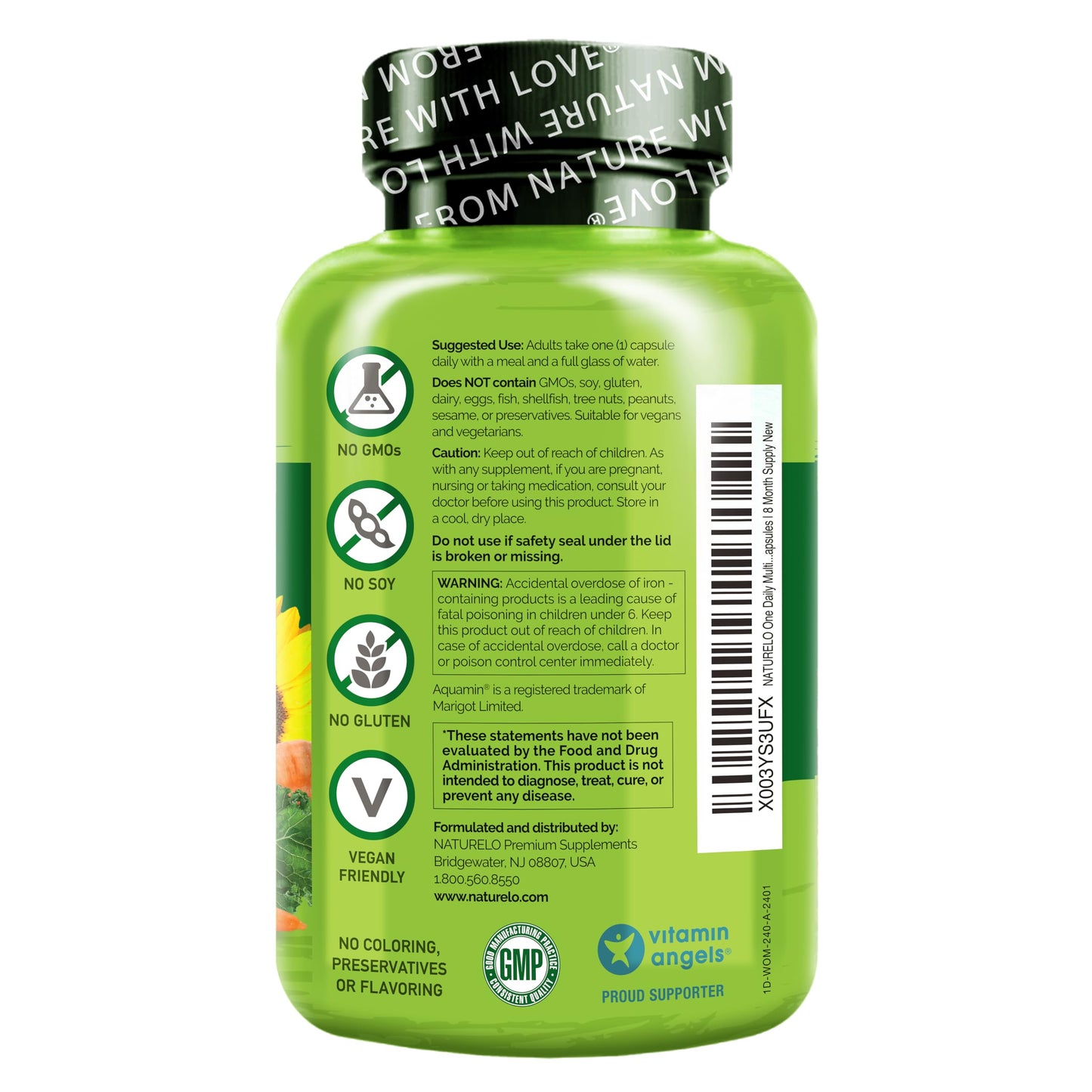 NATURELO One Daily Multivitamin for Women - Energy Support - Whole Food Supplement to Nourish Hair, Skin, Nails - Non-GMO - No Soy - Gluten Free - 60 Capsules - 2 Month Supply