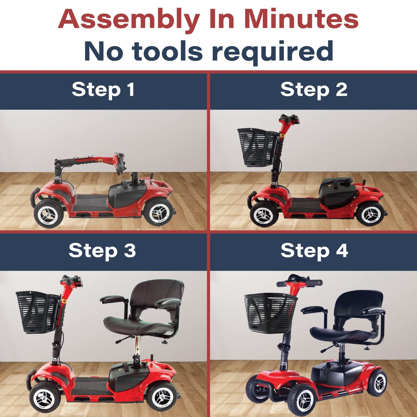 Zipr Roo 4 Wheel Mobility Scooter - Electric Powered Wheelchair Medical Aid - Compact Heavy Duty Mobile for Travel, Seniors, Adults, Handicapped - Long Range Battery with Charger Basket Included
