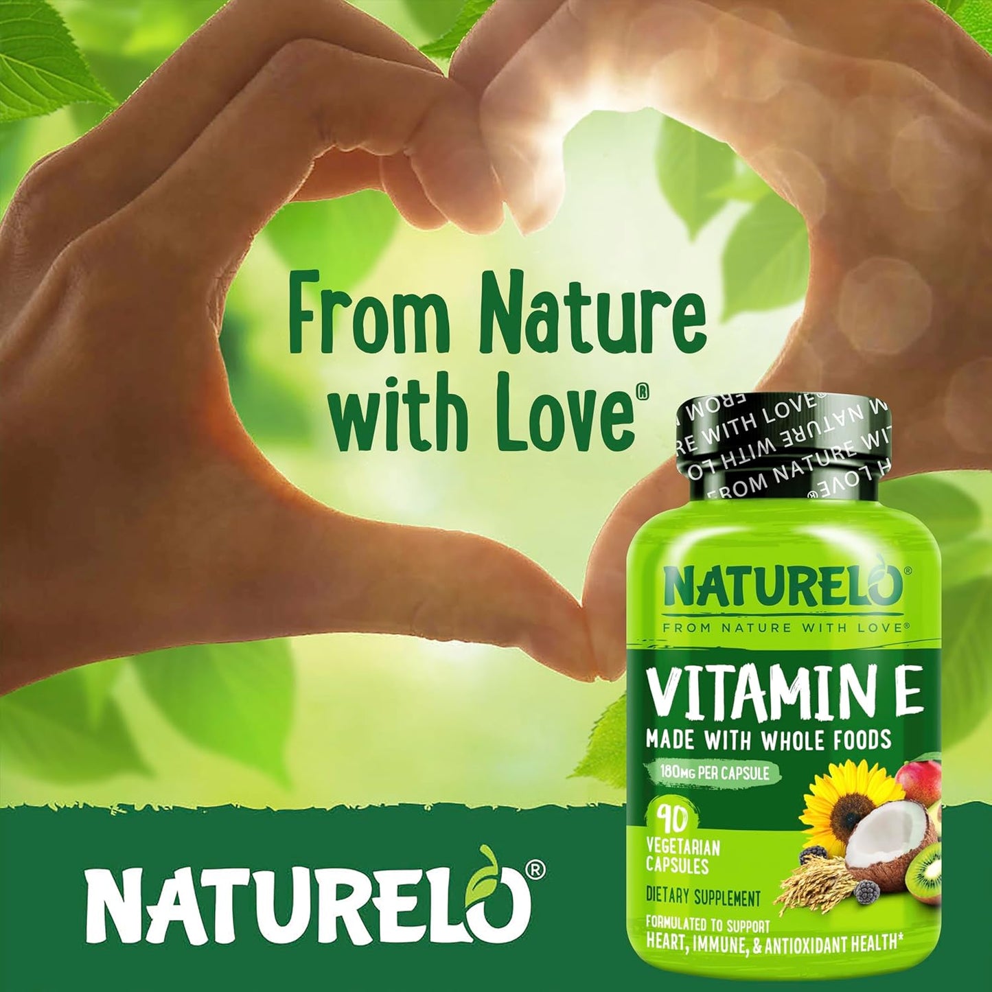 NATURELO Vitamin E - 180 mg (300 IU) of Natural Mixed Tocopherols from Organic Whole Foods - Supplement for Healthy Skin, Hair, Nails, Immune & Eye Health - Non-GMO, Soy Free - 90 Vegan Capsules