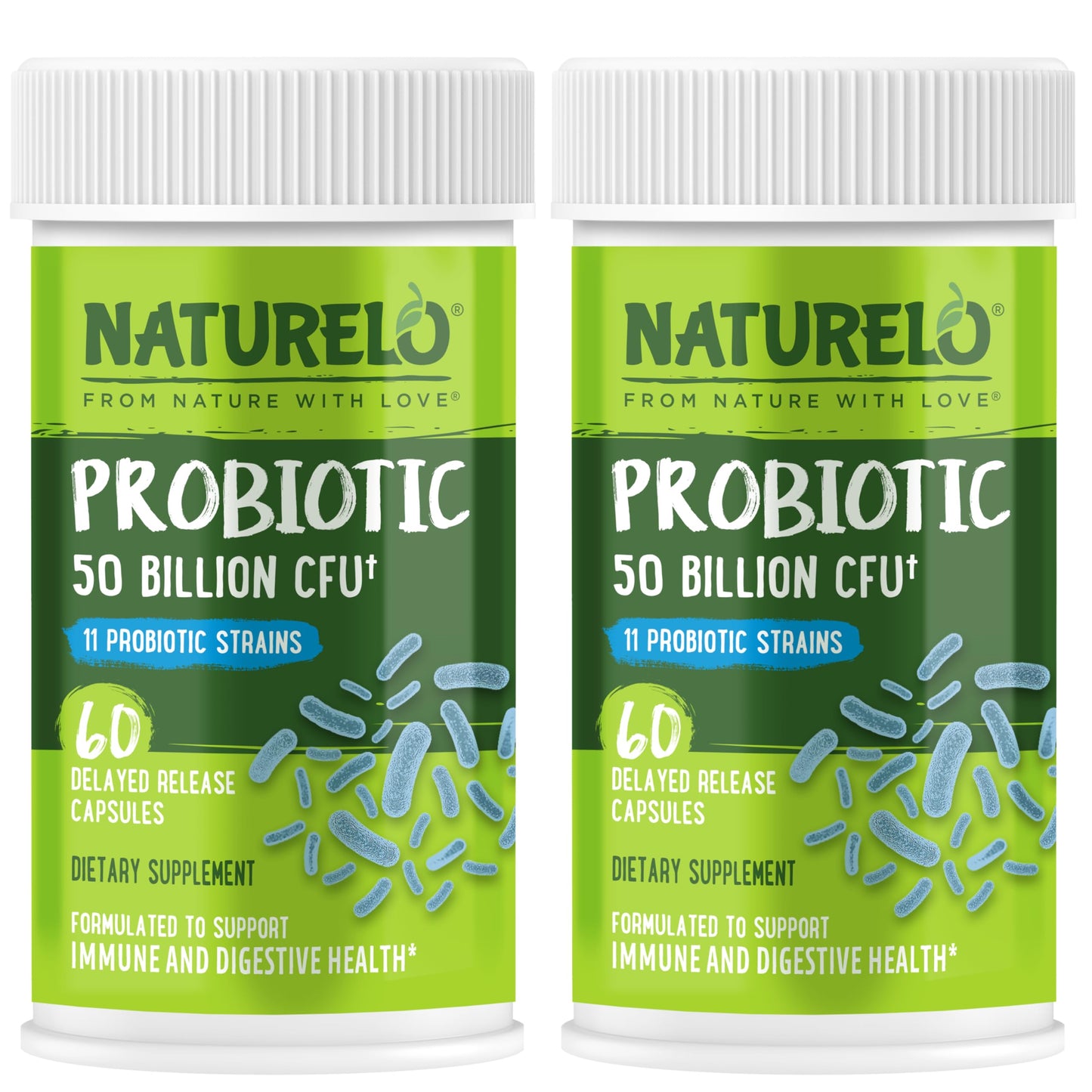 NATURELO Probiotics for Digestive Health - 50 Billion CFU, 11 Strains Daily Supplement - Boosts Immune System, Delayed Release, 60 Vegetarian Capsules