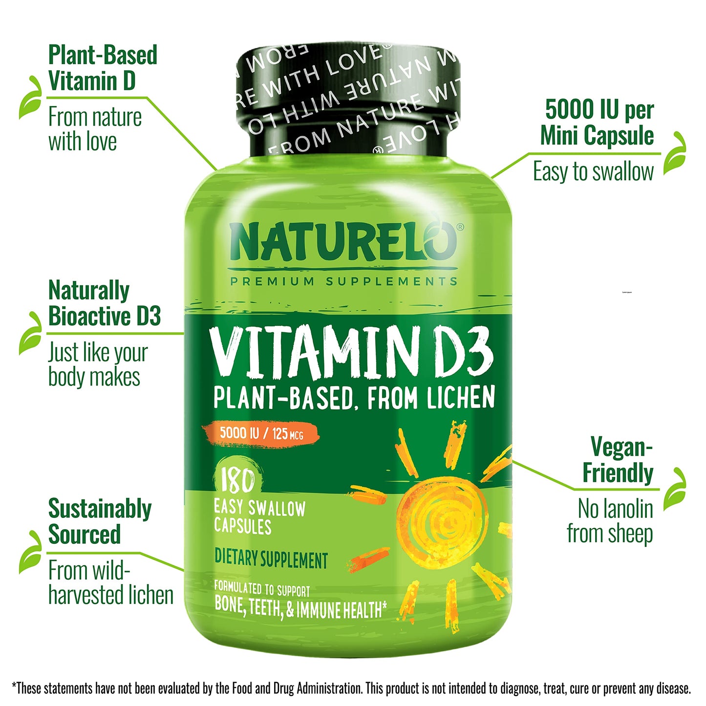NATURELO Vitamin D - 5000 IU - Plant Based from Lichen - Natural D3 Supplement for Immune System, Bone Support, Joint Health - High Potency - Vegan - Non-GMO - Gluten Free - 180 Capsules