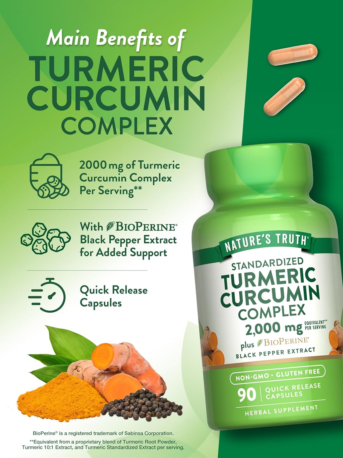 Nature's Truth Turmeric Curcumin Capsules | 2000mg | 90 Count | with 95% Standardized Curcuminoids and Bioperine | Non-GMO and Gluten Free Supplement
