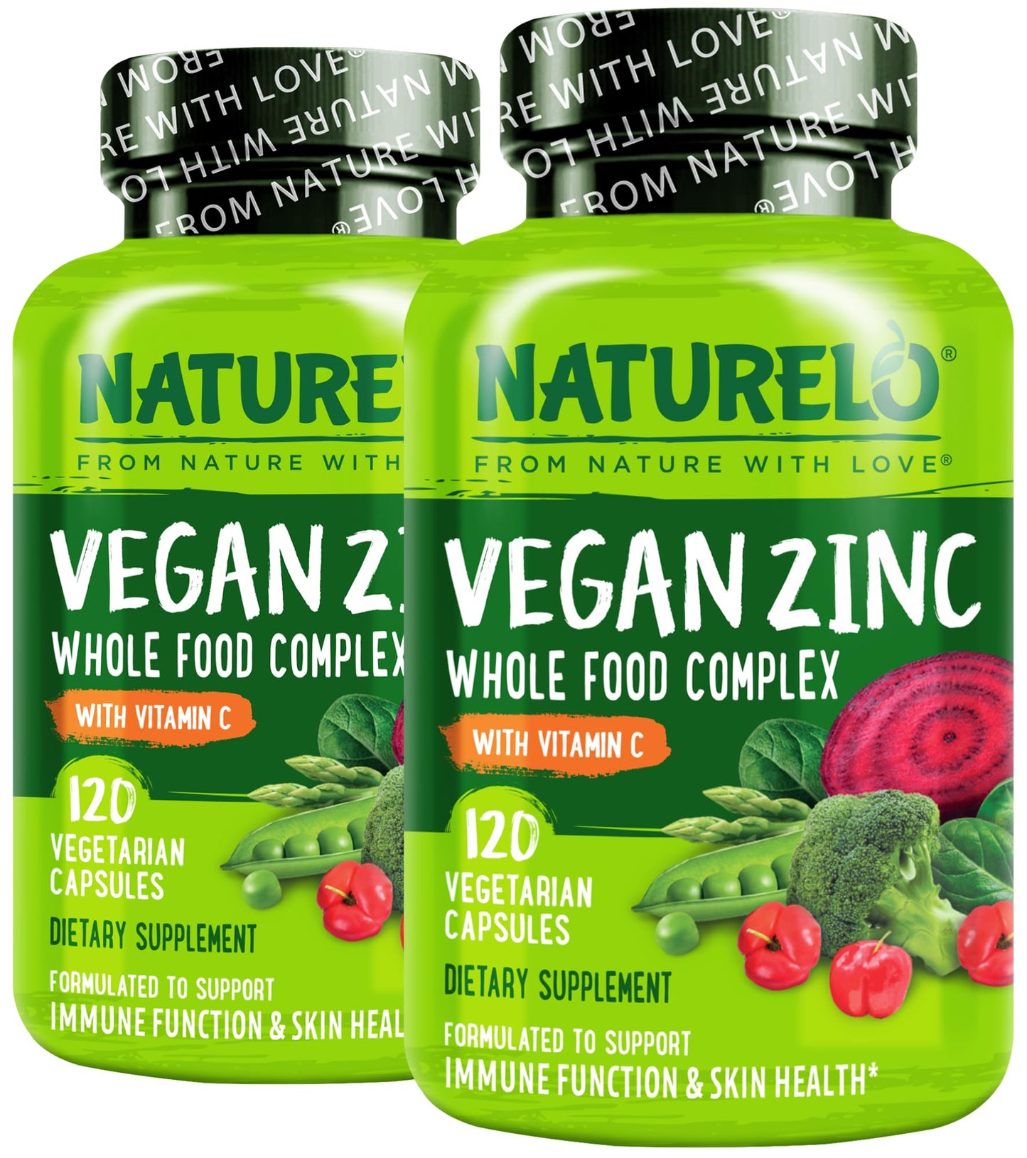 NATURELO Vegan Zinc Immune Support Capsules - Whole Food Complex with Vitamin C for Healthy Skin, Hair, and Nails - 120 Capsules