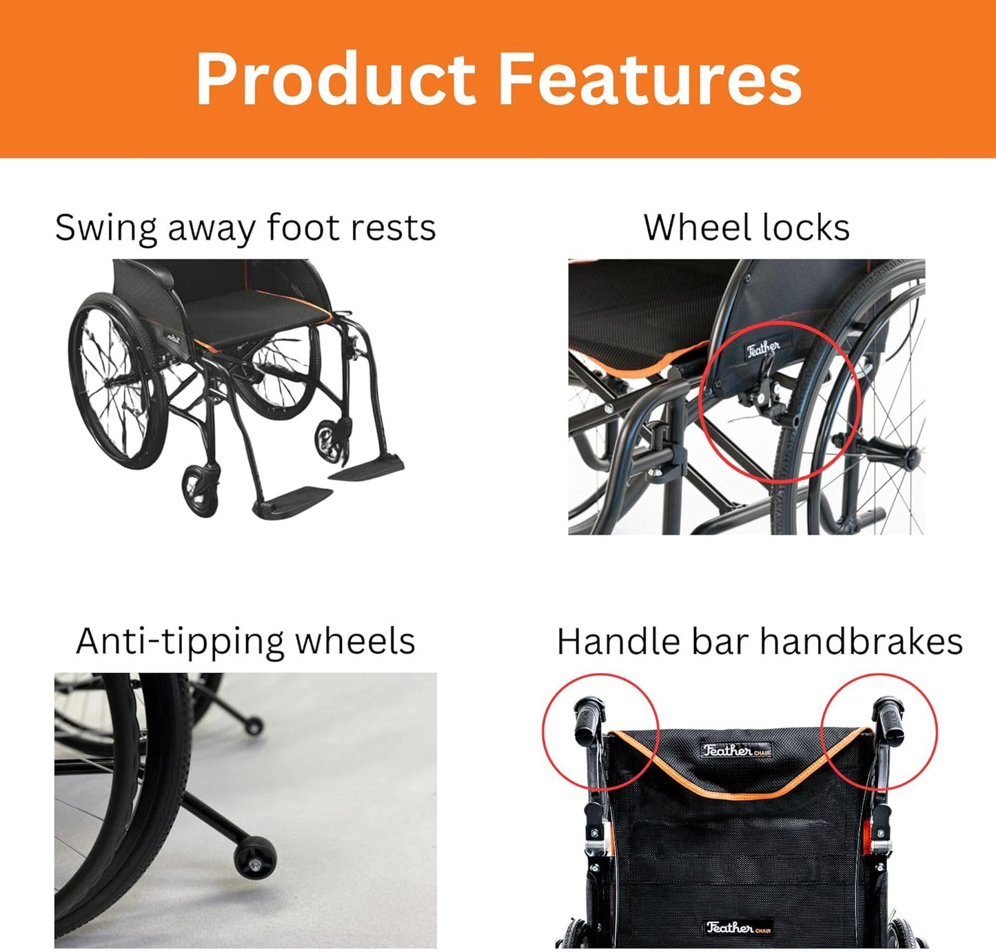 FeatherMobility - 13.5lb Frame - Black Cushion Black Frame Lightweight Folding Wheelchair - with Swingaway Legrests, Anti-tippers, and Quick Release Wheels