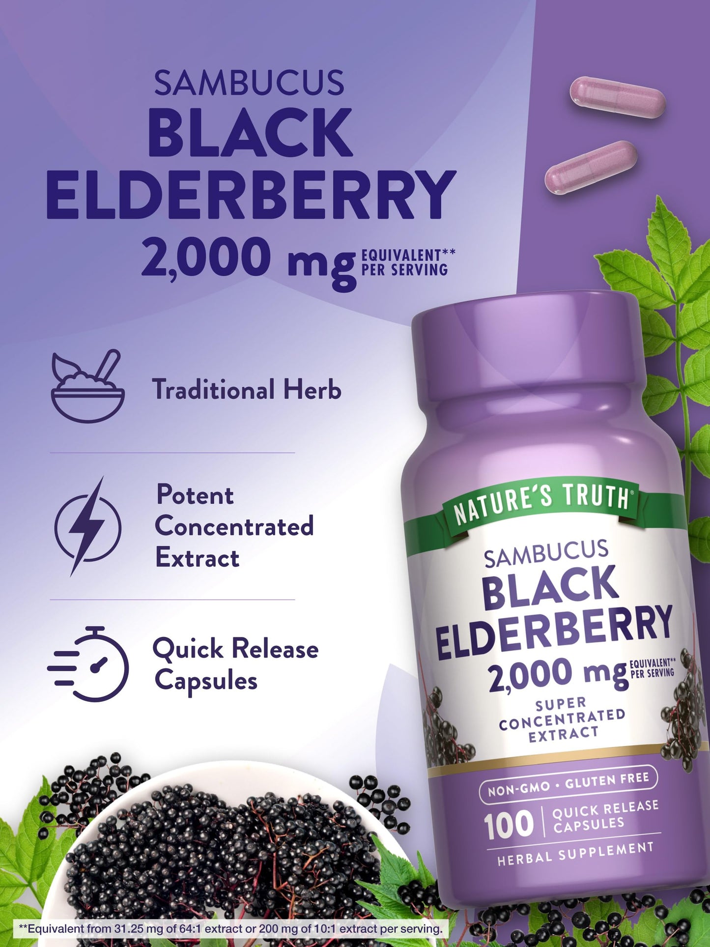Nature's Truth Black Elderberry Capsules | 100 Count | Super Concentrated Sambucus Extract | Non-GMO and Gluten Free Supplement