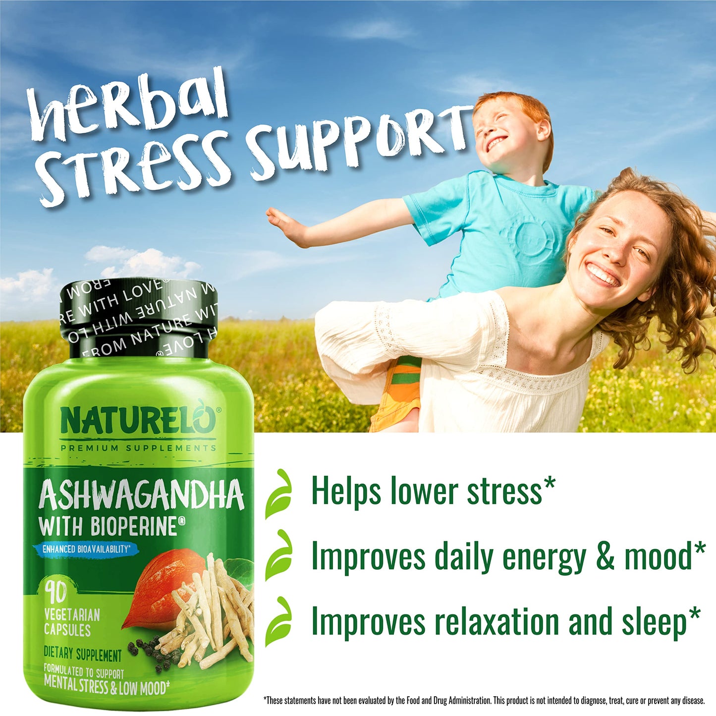 NATURELO Ashwagandha Organic Root Powder - Natural Herbs Supplement for Fatigue, Stress Relief, Mood Enhancer - with Black Pepper Extract - 90 Vegan Capsules