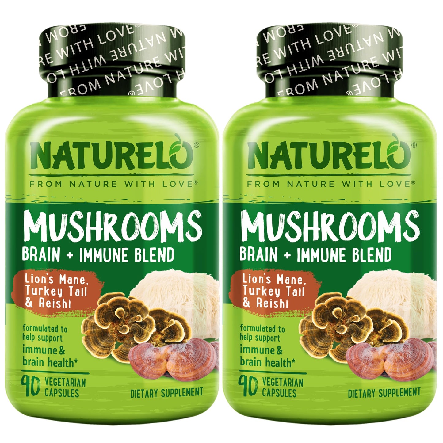 NATURELO Mushroom Supplement – Brain & Immune Health Blend with Lion’s Mane, Reishi, Turkey Tail – 90 Vegan Friendly Capsules