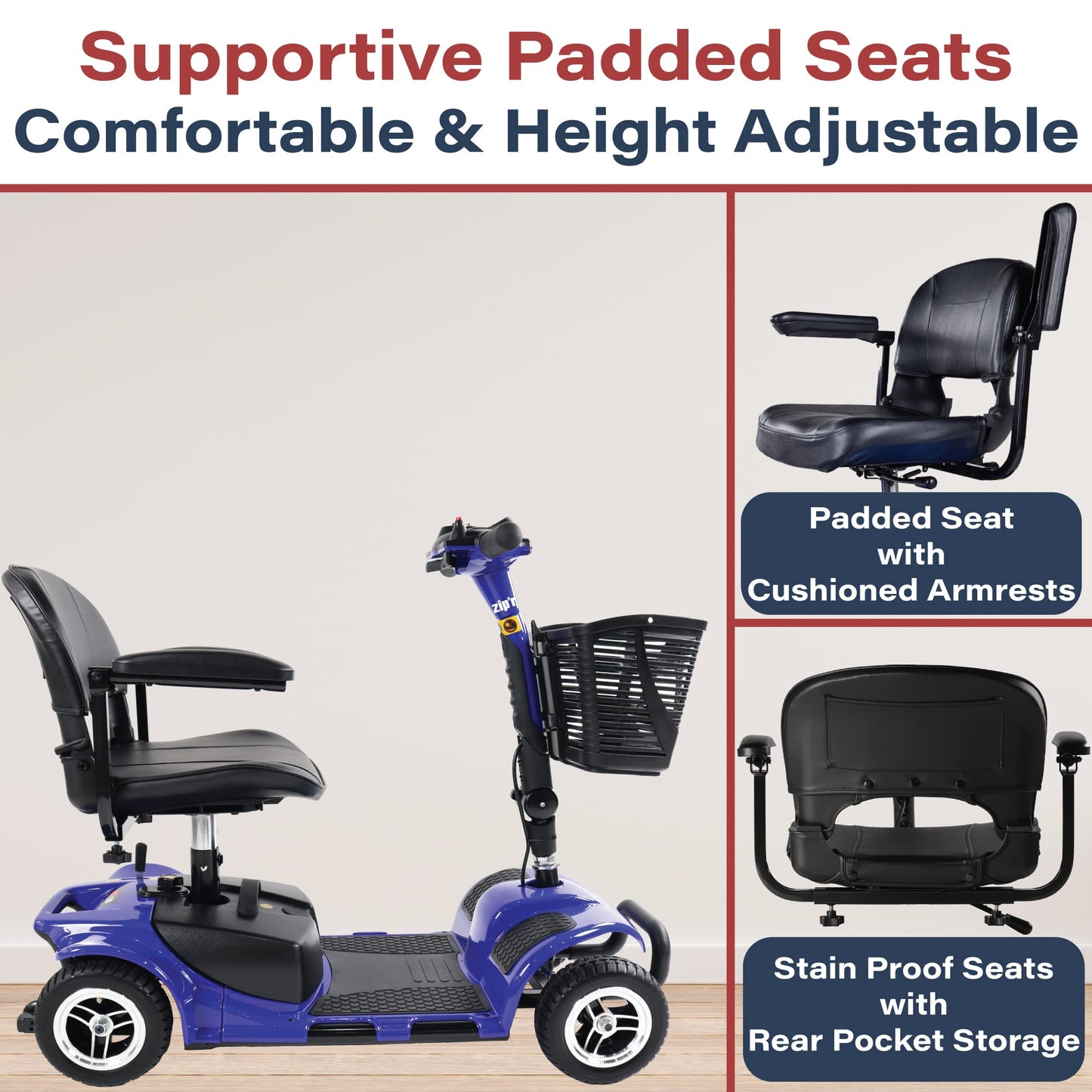Zipr Roo 4 Wheel Mobility Scooter - Electric Powered Wheelchair Medical Aid - Compact Heavy Duty Mobile for Travel, Seniors, Adults, Handicapped - Long Range Battery with Charger Basket Included