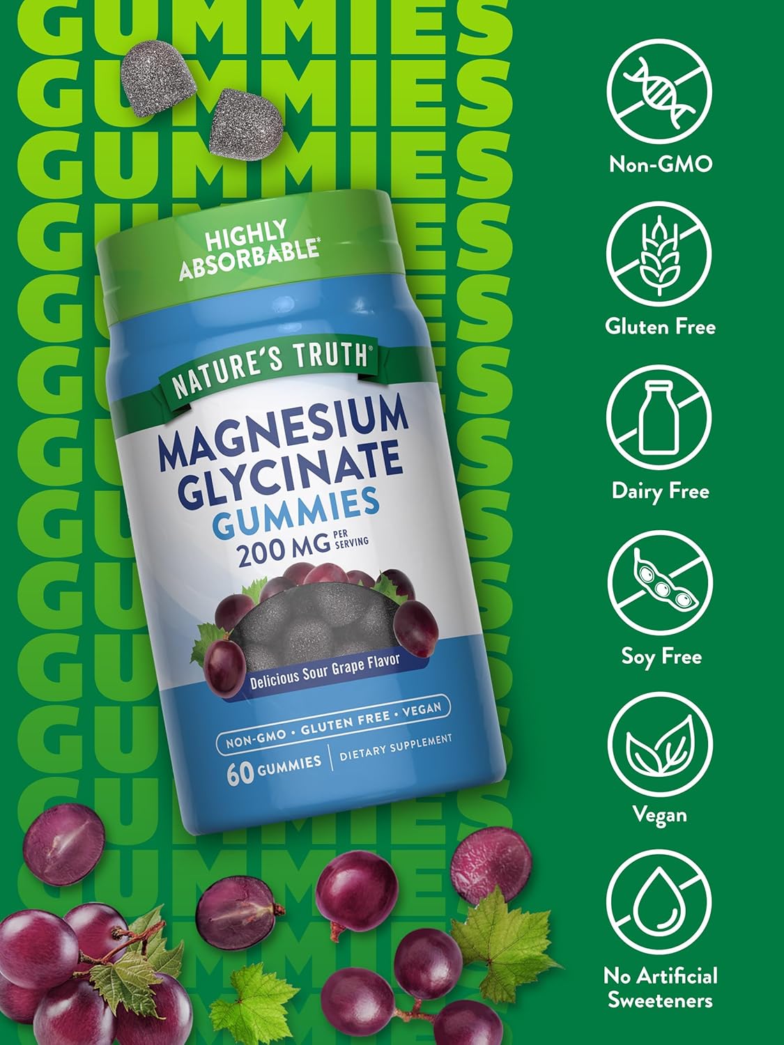 Nature's Truth Magnesium Glycinate Gummies for Adults | 200mg | 60 Count | Vegan, Non-GMO & Gluten Free Supplement | Grape Flavor