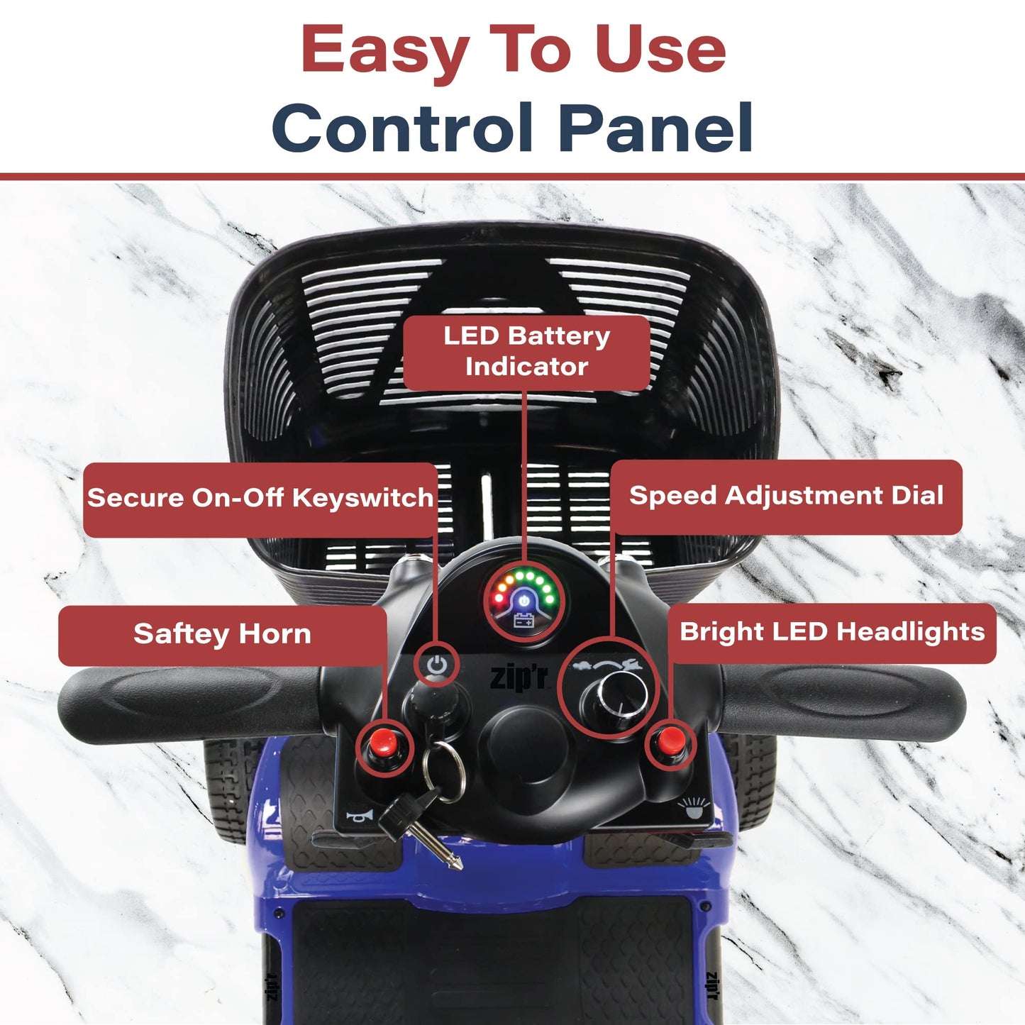Zipr Roo 4 Wheel Mobility Scooter - Electric Powered Wheelchair Medical Aid - Compact Heavy Duty Mobile for Travel, Seniors, Adults, Handicapped - Long Range Battery with Charger Basket Included