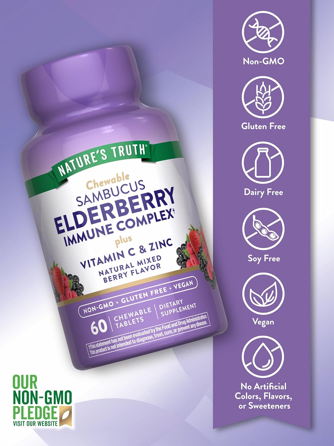 Nature's Truth Elderberry Immune Complex | 60 Chewable Tablets | Plus Vitamin C & Zinc | Mixed Berry | Vegan, Non-GMO, & Gluten Free Supplement