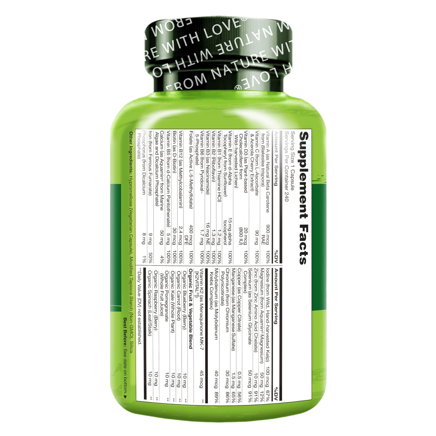 NATURELO One Daily Multivitamin for Women - Energy Support - Whole Food Supplement to Nourish Hair, Skin, Nails - Non-GMO - No Soy - Gluten Free - 60 Capsules - 2 Month Supply