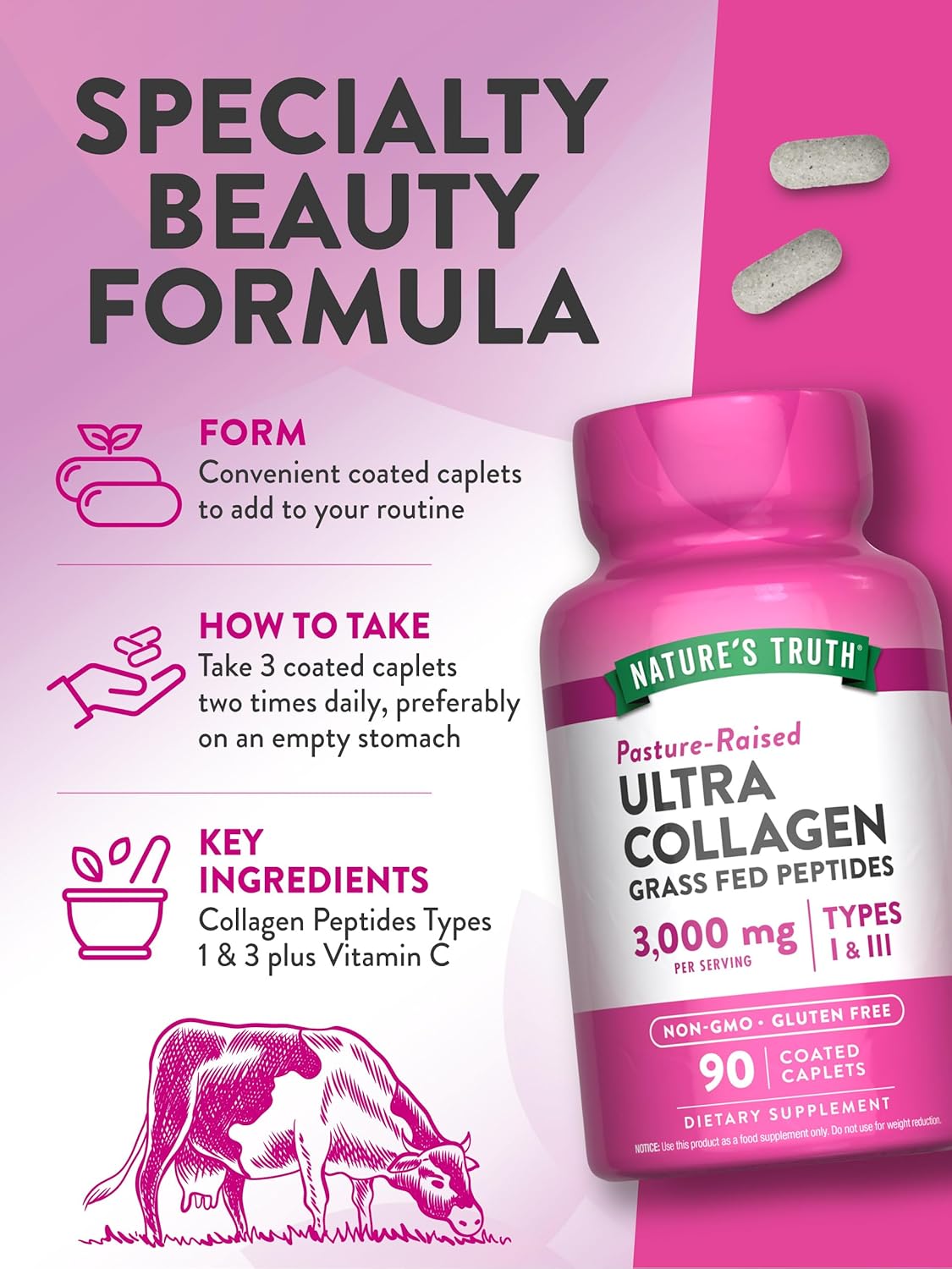 Nature's Truth Collagen Peptides | 90 Caplets | Type 1 and 3 with Vitamin C | Grass Fed, Non-GMO & Gluten Free Supplement