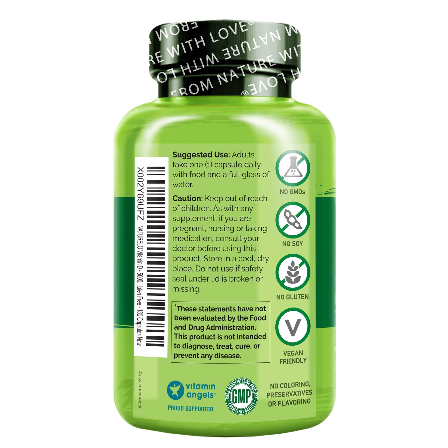 NATURELO Vitamin D - 5000 IU - Plant Based from Lichen - Natural D3 Supplement for Immune System, Bone Support, Joint Health - High Potency - Vegan - Non-GMO - Gluten Free - 180 Capsules
