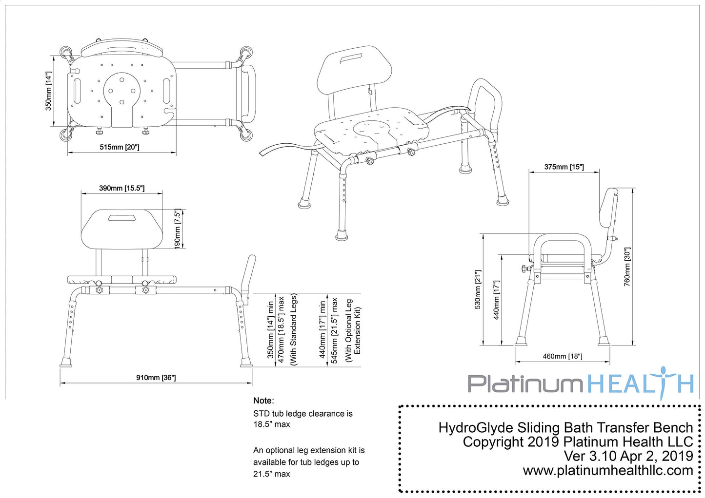 Platinum Health Sliding Shower Chair HydroGlyde Premium Heavy Duty, Padded Bathtub Transfer Bench with Cut Out Seat, for Bath Tub, Adjustable Legs, and Safety Belt, Quick Tool-Less Assembly, Blue