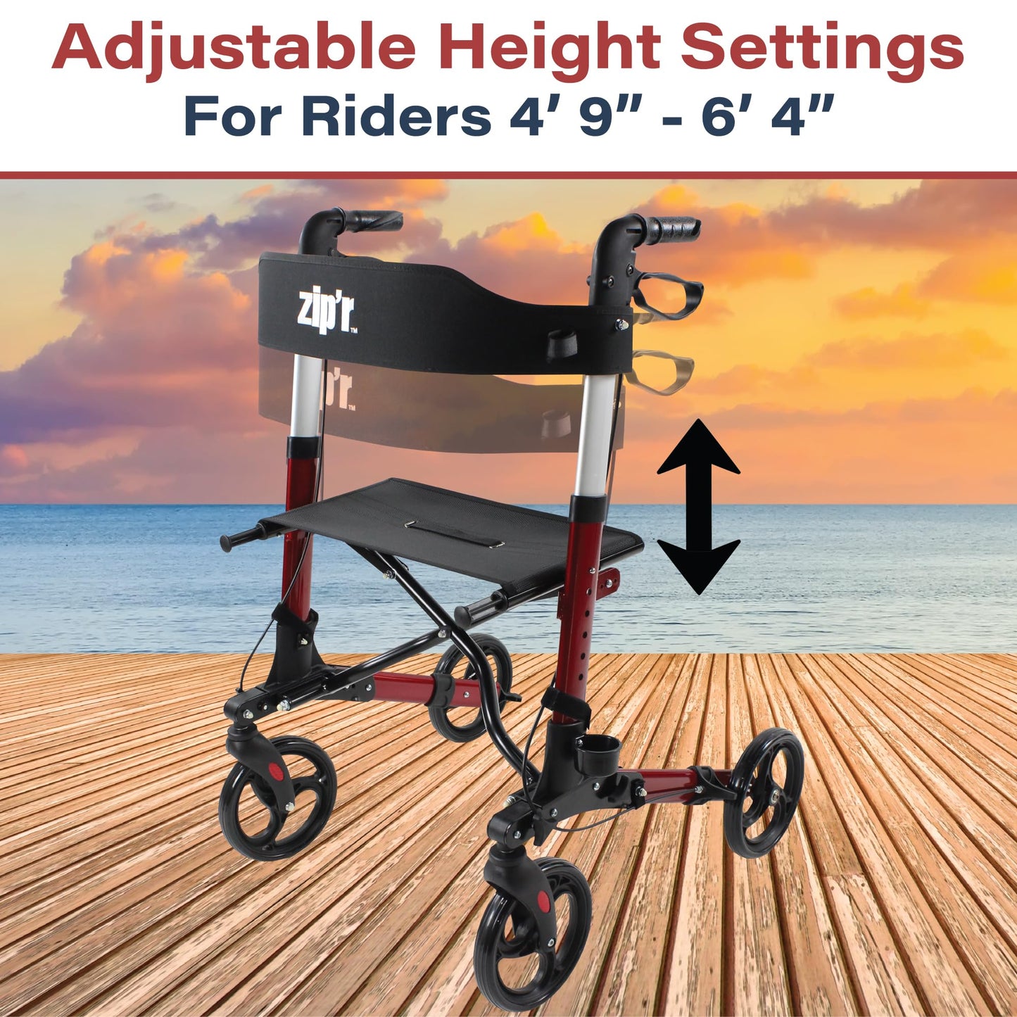 Zip'r Rambler Walker With Seat - Sturdy Rollator for Seniors, Lightweight 4 Wheel Walker, 300 lbs Max Weight, Folding, Red