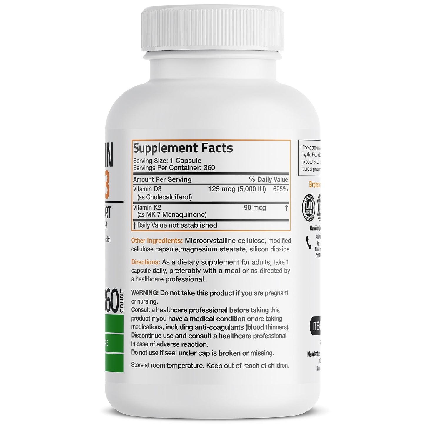 Bronson Vitamin K2 (MK7) with D3 Supplement Non-GMO Formula 5000 IU Vitamin D3 & 90 mcg K2 MK-7 Easy to Swallow D & K Complex, 120 Capsules