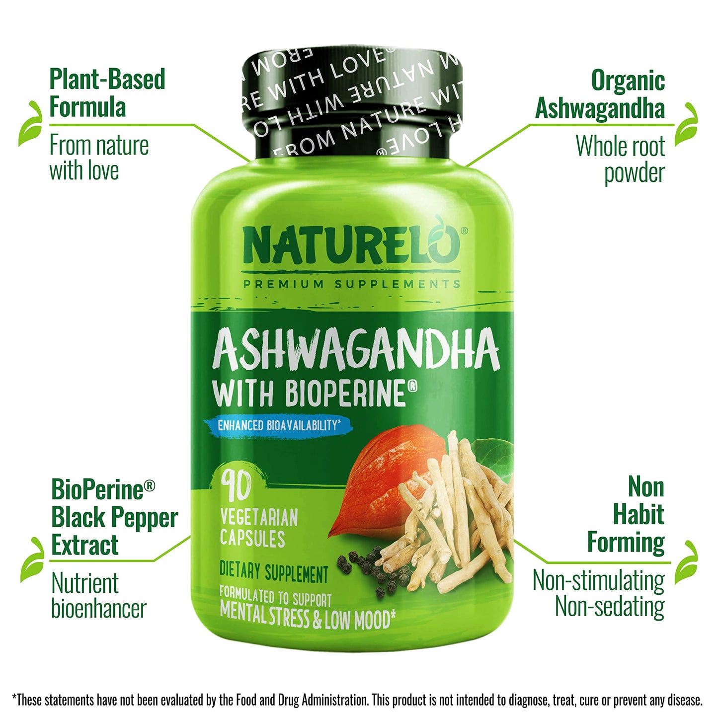 NATURELO Ashwagandha Organic Root Powder - Natural Herbs Supplement for Fatigue, Stress Relief, Mood Enhancer - with Black Pepper Extract - 90 Vegan Capsules