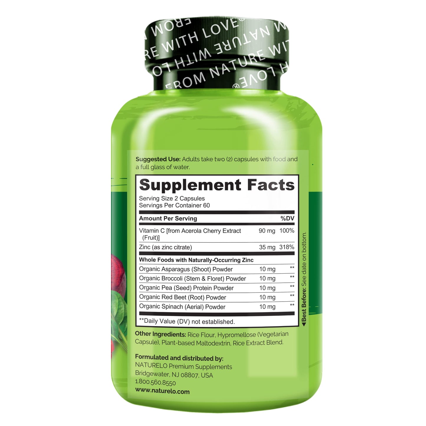 NATURELO Vegan Zinc Immune Support Capsules - Whole Food Complex with Vitamin C for Healthy Skin, Hair, and Nails - 120 Capsules