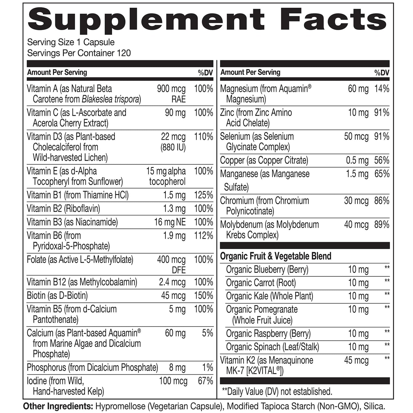 NATURELO One Daily Multivitamin for Women 50+ (Iron Free) - Menopause Support for Women Over 50 - Whole Food Supplement - Non-GMO - No Soy - 60 Capsules - 2 Month Supply