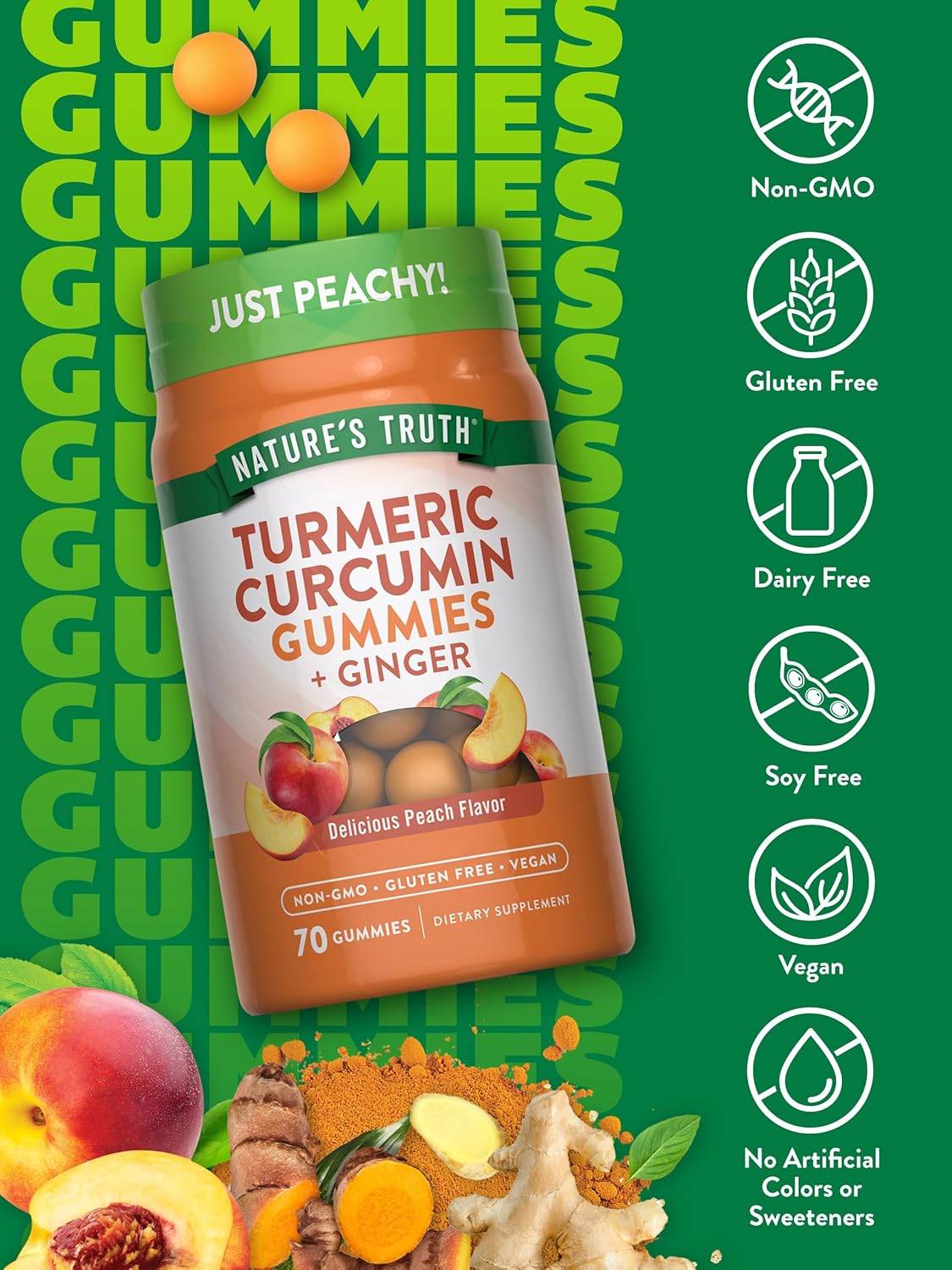 Nature's Truth Turmeric and Ginger Gummies | 70 Count | Peach Flavor | Vegan, Non-GMO, & Gluten Free Supplement