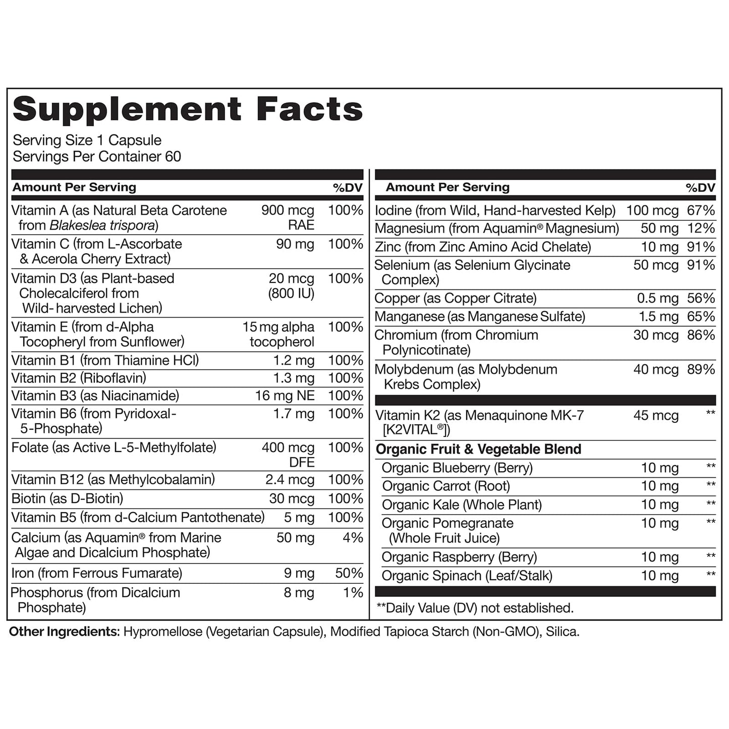 NATURELO One Daily Multivitamin for Women - Energy Support - Whole Food Supplement to Nourish Hair, Skin, Nails - Non-GMO - No Soy - Gluten Free - 60 Capsules - 2 Month Supply
