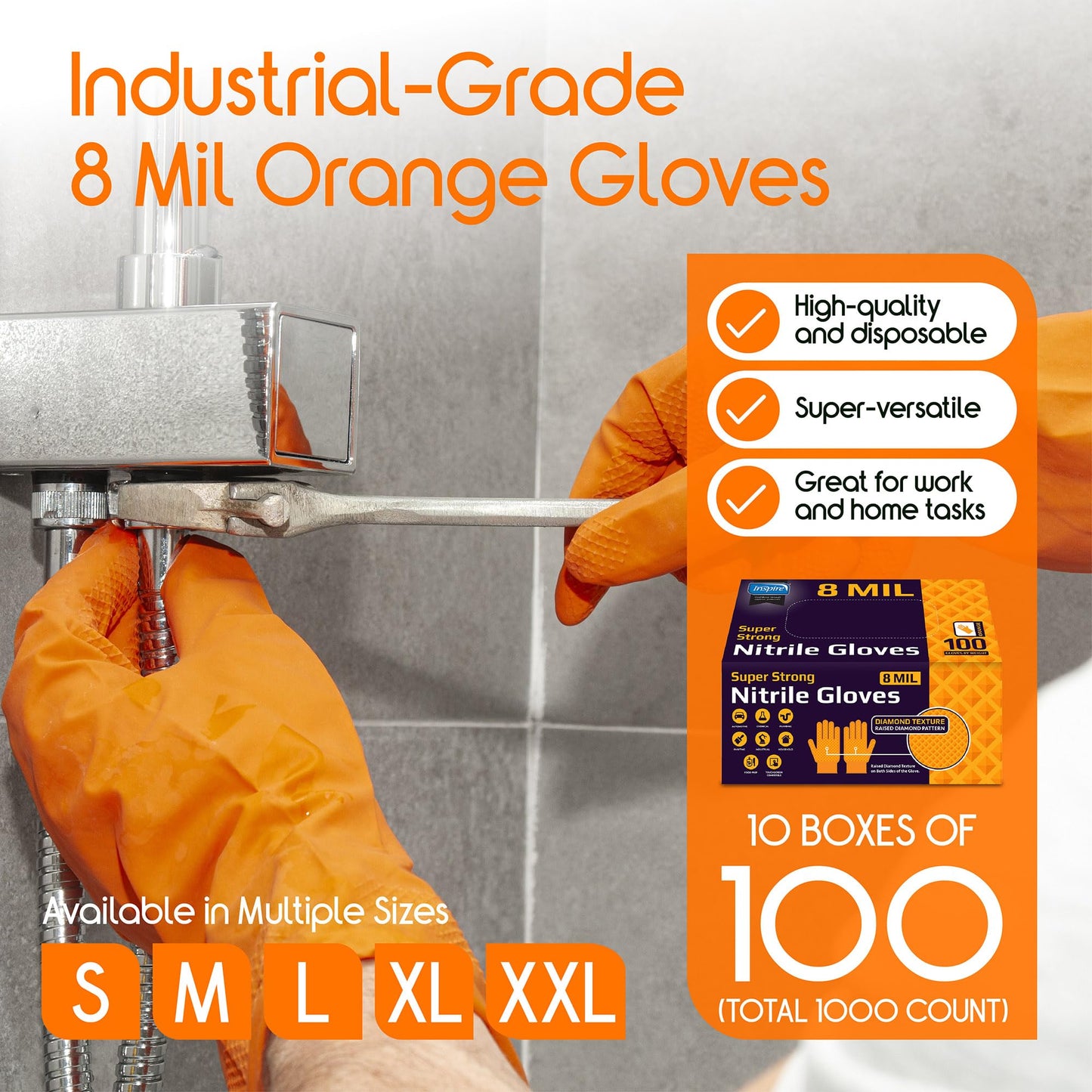 Inspire Heavy Duty Orange Nitrile Disposable Gloves | ULTRA 8 Mil Diamond Textured Grip | Industrial Mechanic Food