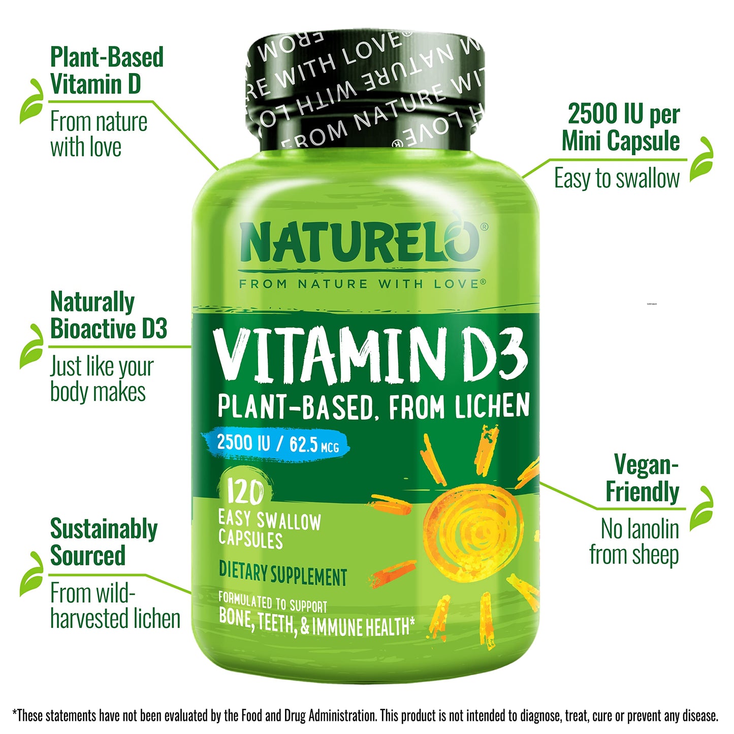 NATURELO Vitamin D - 2500 IU - Plant Based from Lichen - Natural D3 Supplement for Immune System, Bone Support, Joint Health - Vegan - Non-GMO - Gluten Free - 180 Capsules