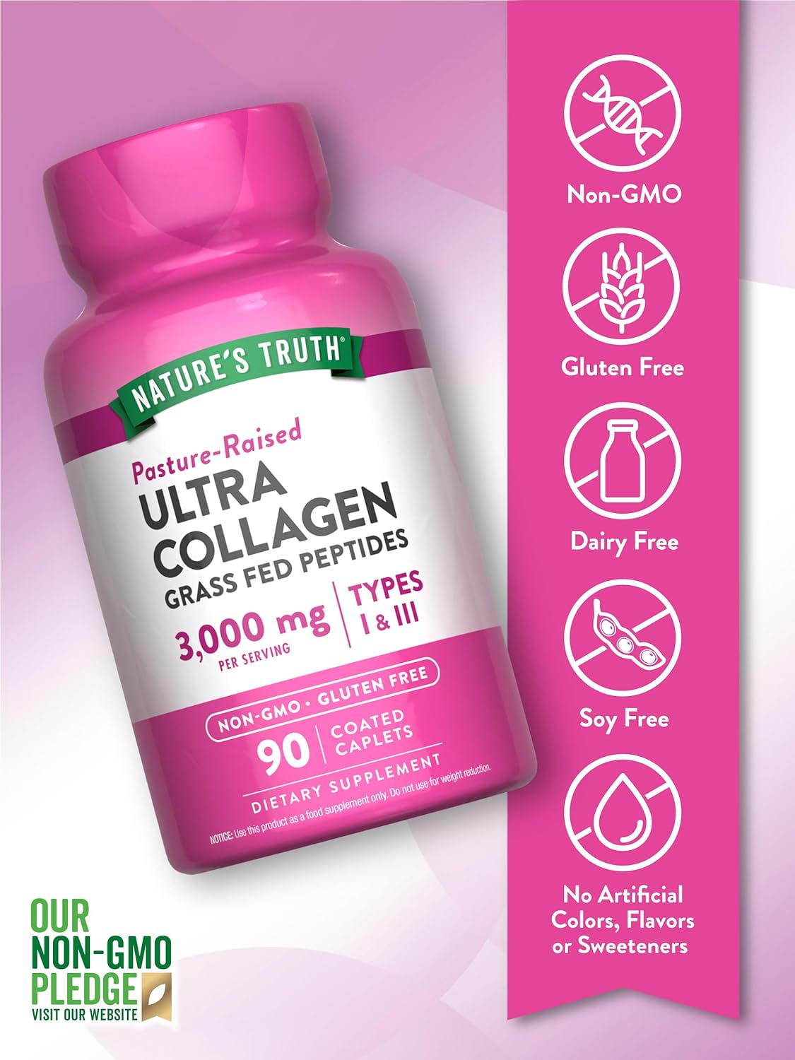 Nature's Truth Collagen Peptides | 90 Caplets | Type 1 and 3 with Vitamin C | Grass Fed, Non-GMO & Gluten Free Supplement