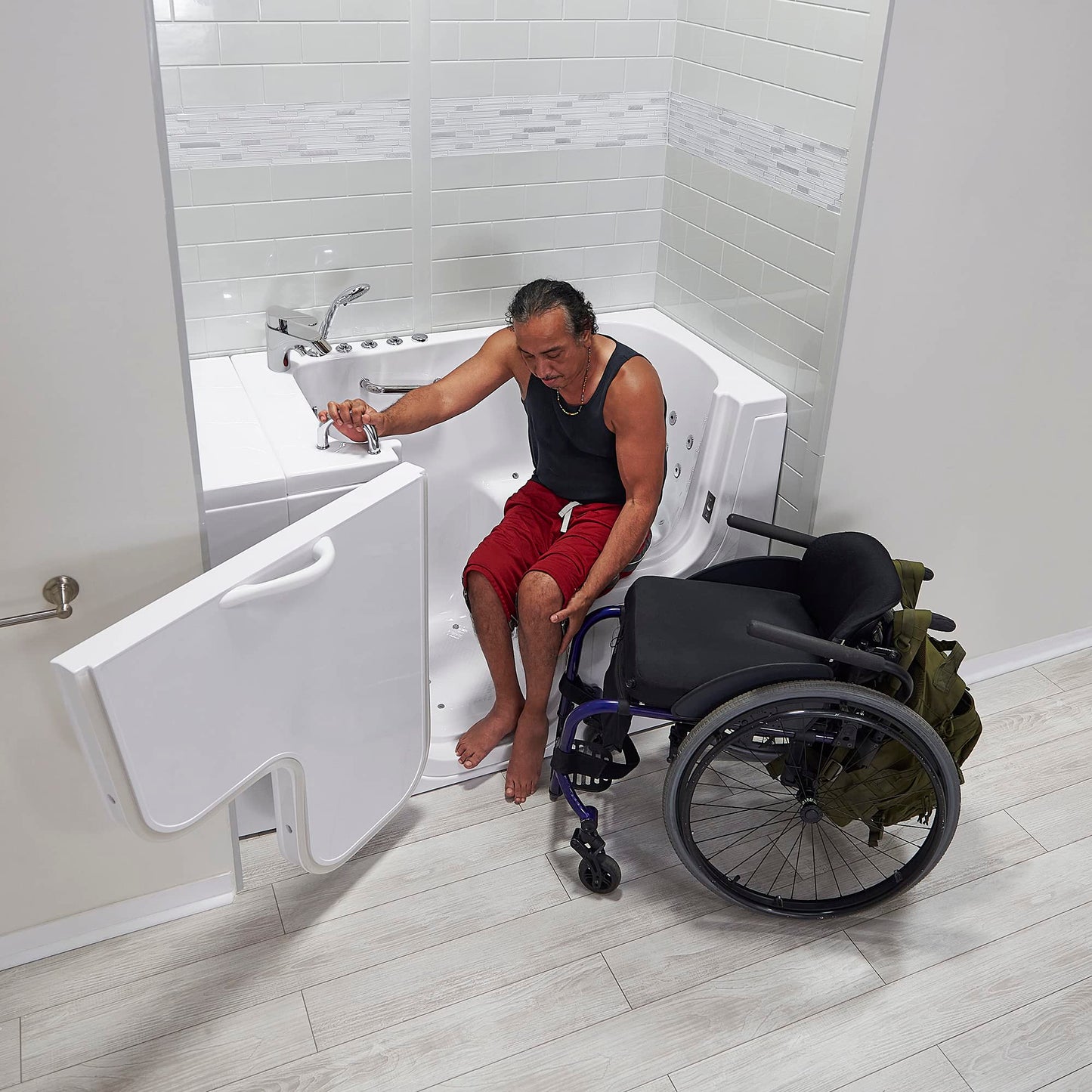Ella Wheelchair Transfer 30"x52" Acrylic Air and Hydro Massage Walk-In Bathtub with Left Outward Swing Door, 2 Piece Fast Fill Faucet, 2" Dual Drain