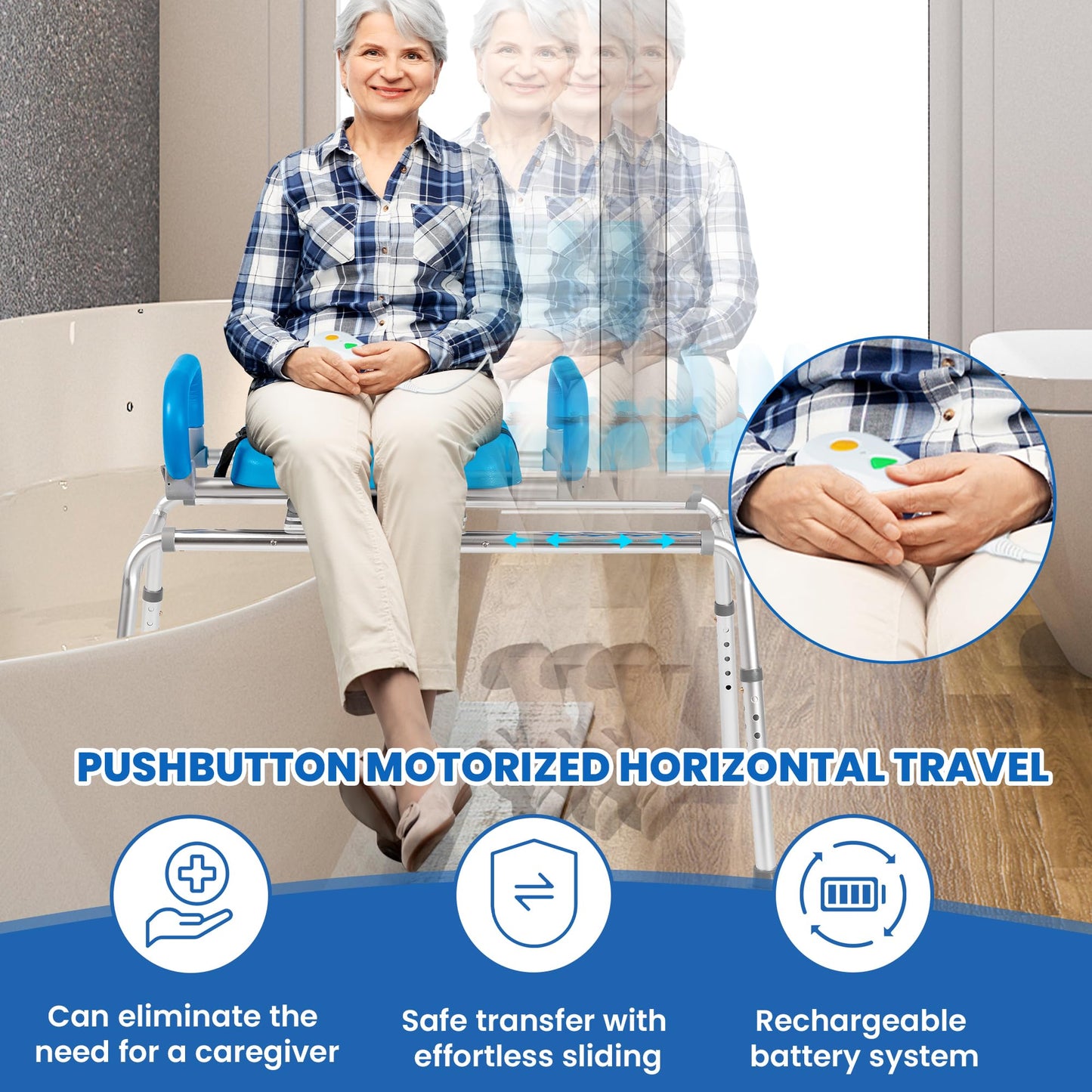 Platinum Health Carousel Sliding Shower Chair Tub Transfer Bench with Swivel Seat, Premium Padded, Pivoting Arms, Adjustable Space Saving Design for Tubs, Inside Shower, for Handicap & Seniors, Blue