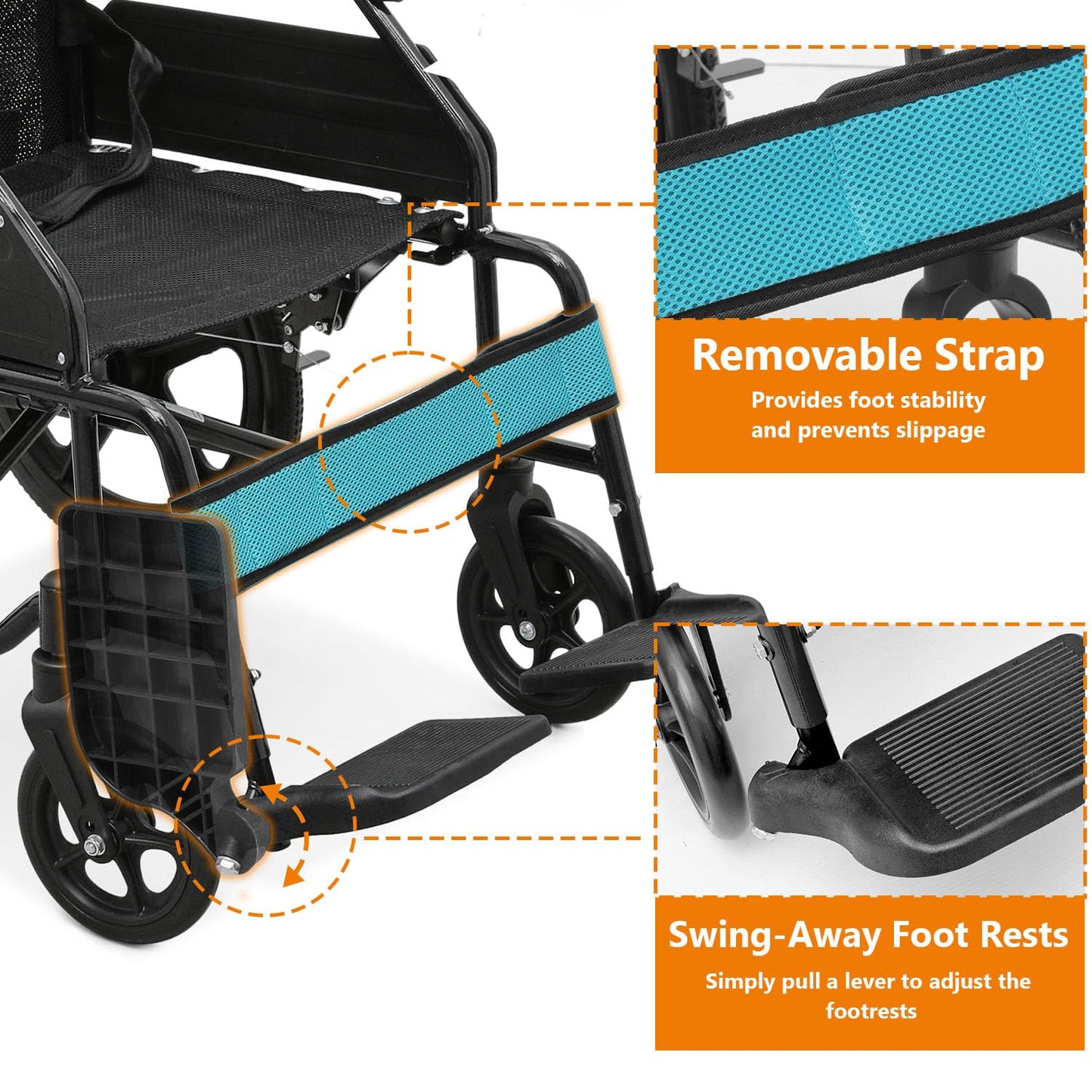 Wheelchair with Handbrakes, Swing-Away Footrests, 17.5" Wide Seat, 15" Rear Wheels, Lightweight Transport Chair for Easy Transfer, Travel, Compact Storage, 250lbs Capacity, Black Frame
