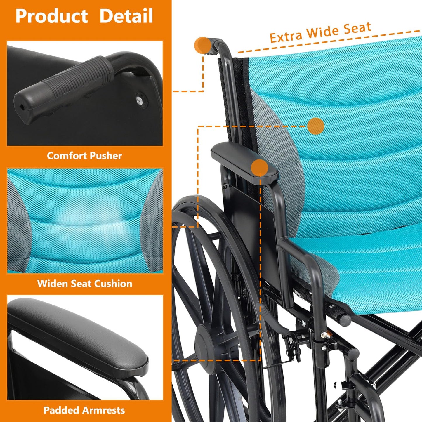 Self-Propelled Wheelchair, Extra Wide Folding Transport Bariatric Wheelhair with Swing-Away Foot Rest and Removable Flip Back Armrests, 24" Wide Seat for Adults Seniors Transfers, 500lbs, Blue