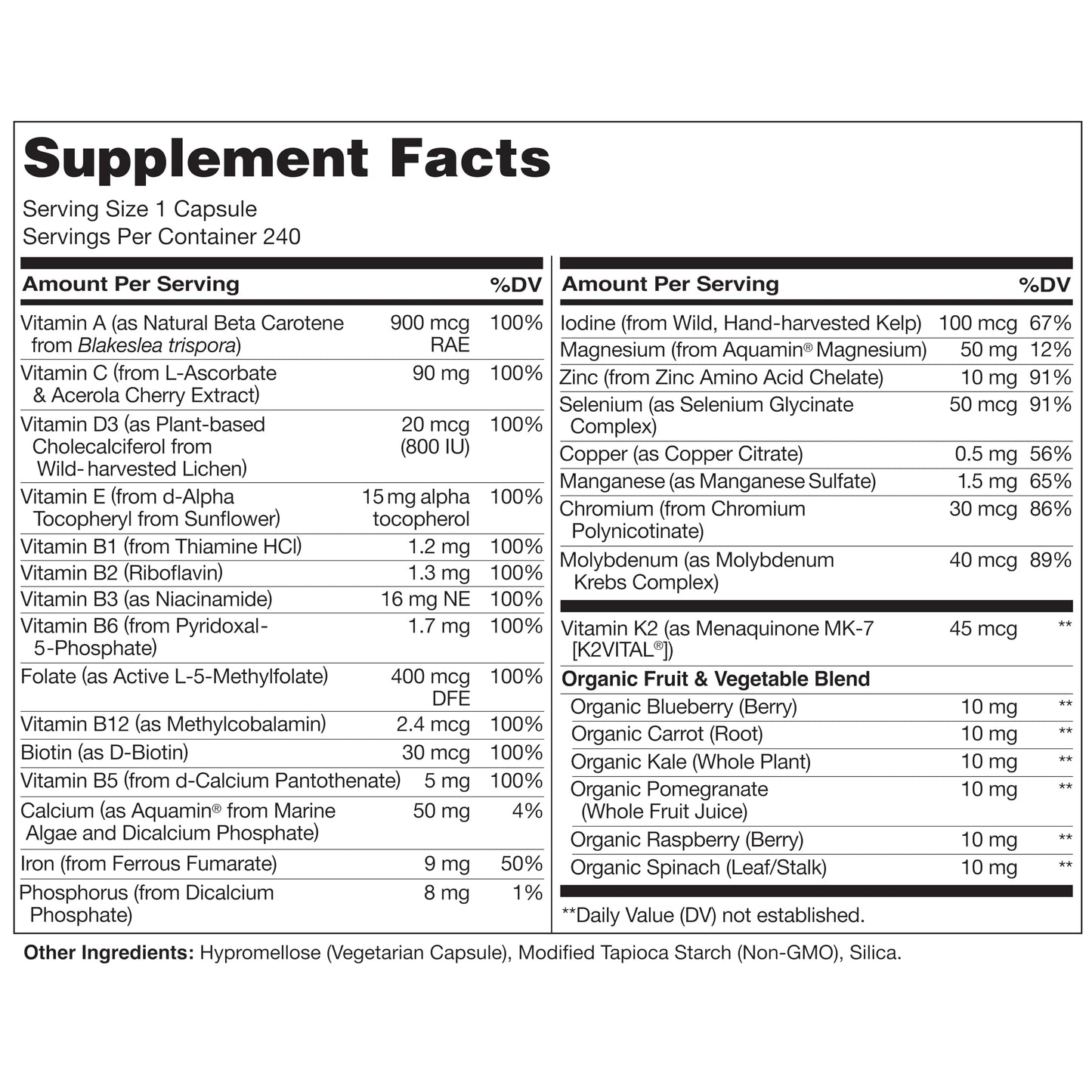 NATURELO One Daily Multivitamin for Women - Energy Support - Whole Food Supplement to Nourish Hair, Skin, Nails - Non-GMO - No Soy - Gluten Free - 60 Capsules - 2 Month Supply