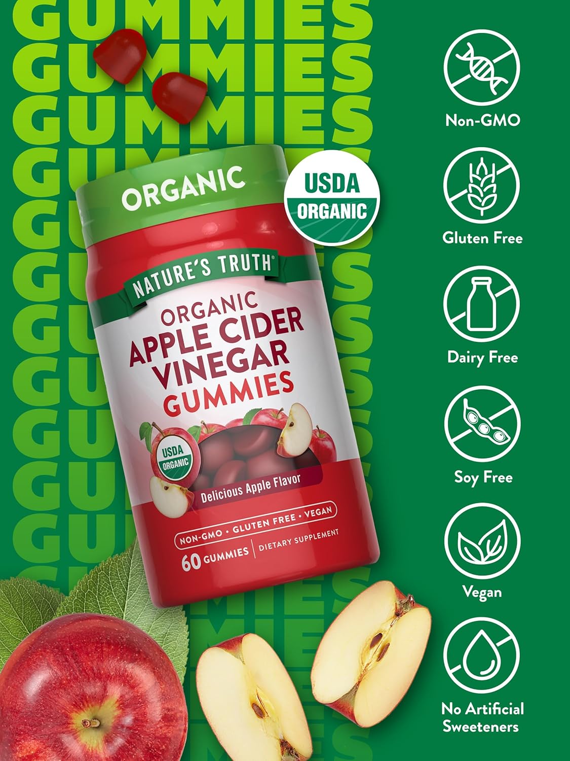 Nature's Truth Organic Apple Cider Vinegar Gummies | 60 Count | Vegan, Gluten Free & Non-GMO Supplement | USDA Organic | Apple Flavor