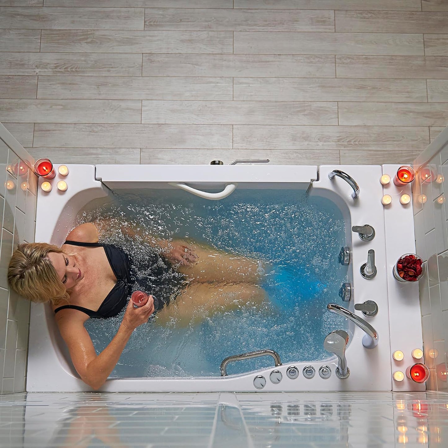 Ella Wheelchair Transfer 36"x55" Acrylic Hydro Massage w/Independent Foot Massage Walk-In Bathtub, Left Door, 5 Piece Fast Fill Faucet, 2" Dual Drain