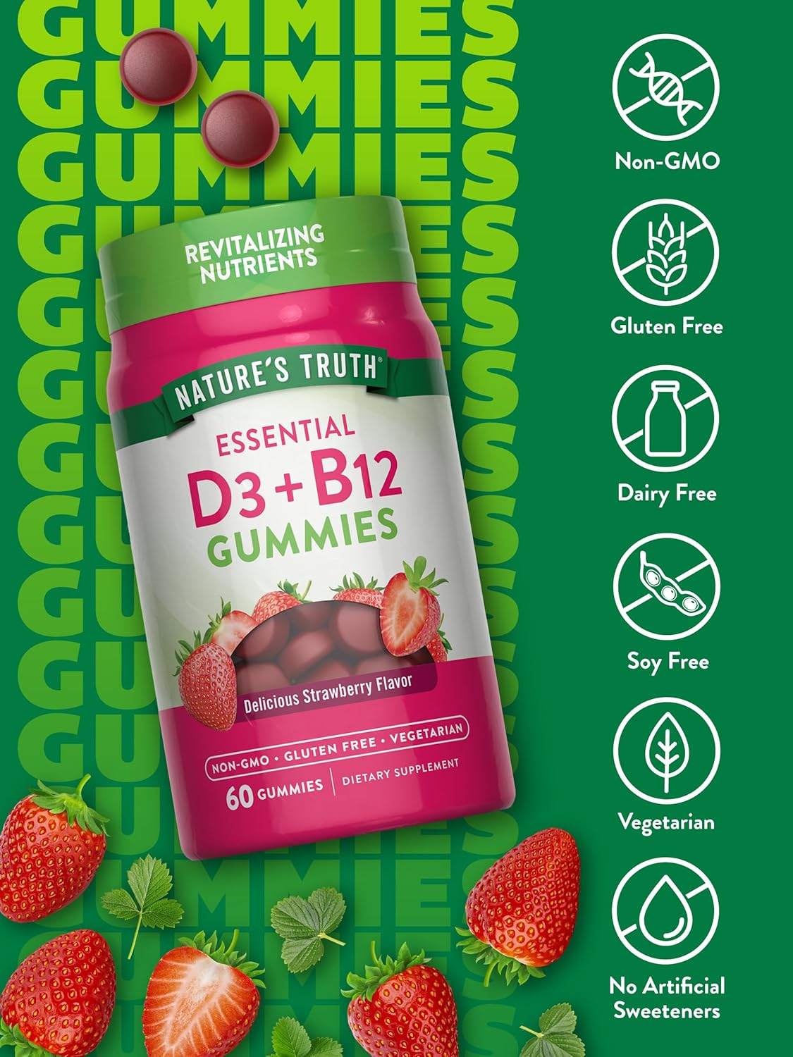 Nature's Truth Vitamin D3 and B12 Gummies | 60 Count | Strawberry Flavor | Vegetarian, Non-GMO & Gluten Free Supplement