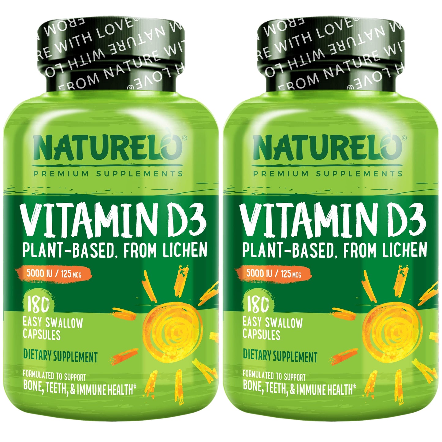 NATURELO Vitamin D - 5000 IU - Plant Based from Lichen - Natural D3 Supplement for Immune System, Bone Support, Joint Health - High Potency - Vegan - Non-GMO - Gluten Free - 180 Capsules