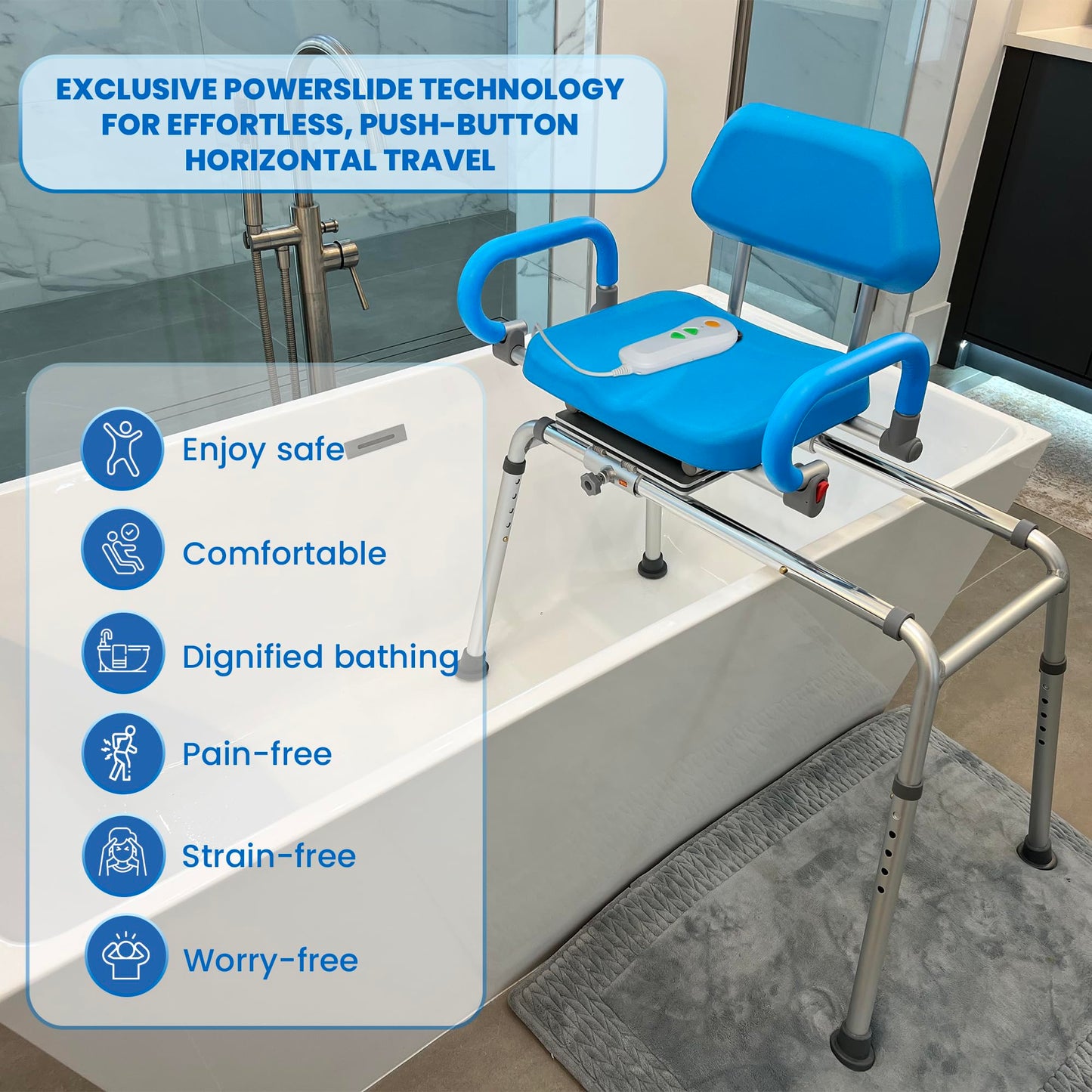 Platinum Health Carousel Sliding Shower Chair Tub Transfer Bench with Swivel Seat, Premium Padded, Pivoting Arms, Adjustable Space Saving Design for Tubs, Inside Shower, for Handicap & Seniors, Blue