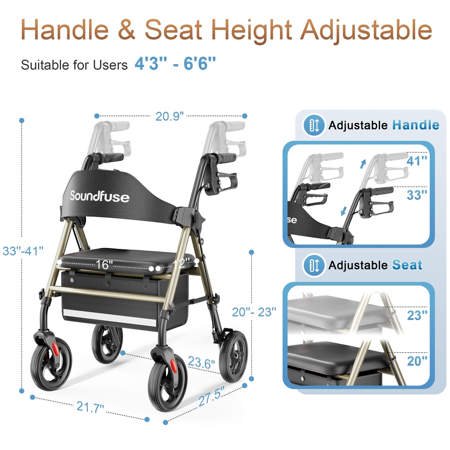 Rollator Walkers with Seat for Seniors, Foldable 8" Big Wheels All Terrain Rolling Walker, Handles and Ergonomic Seat Height Adjustable, 350 lb, FSA HSA Eligible